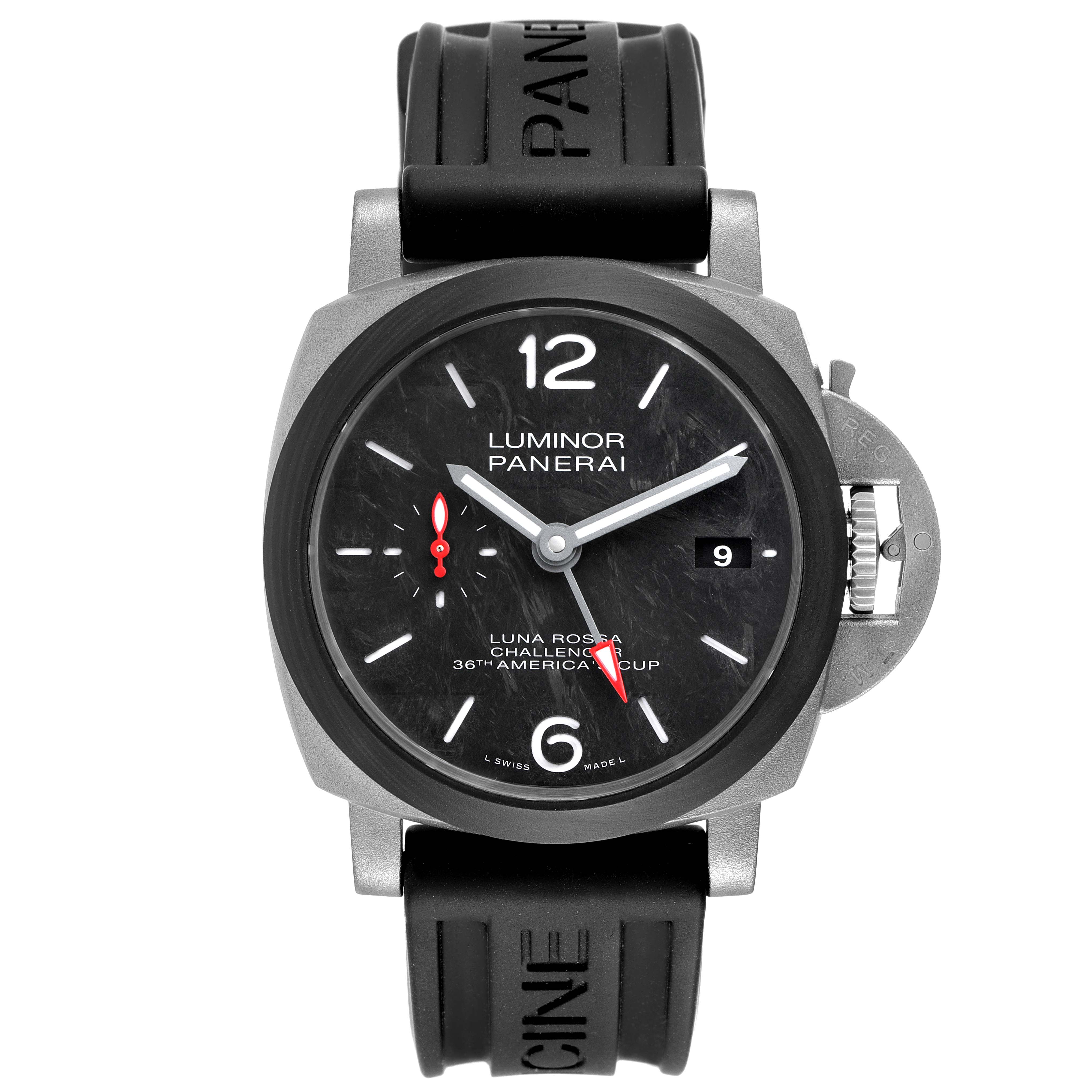 This Panerai Luminor PAM01096 Men's Titanium Black Dial PAM01096 Men's Titanium Black Dial watch is shown from a front angle, displaying the face, strap, and crown guard.