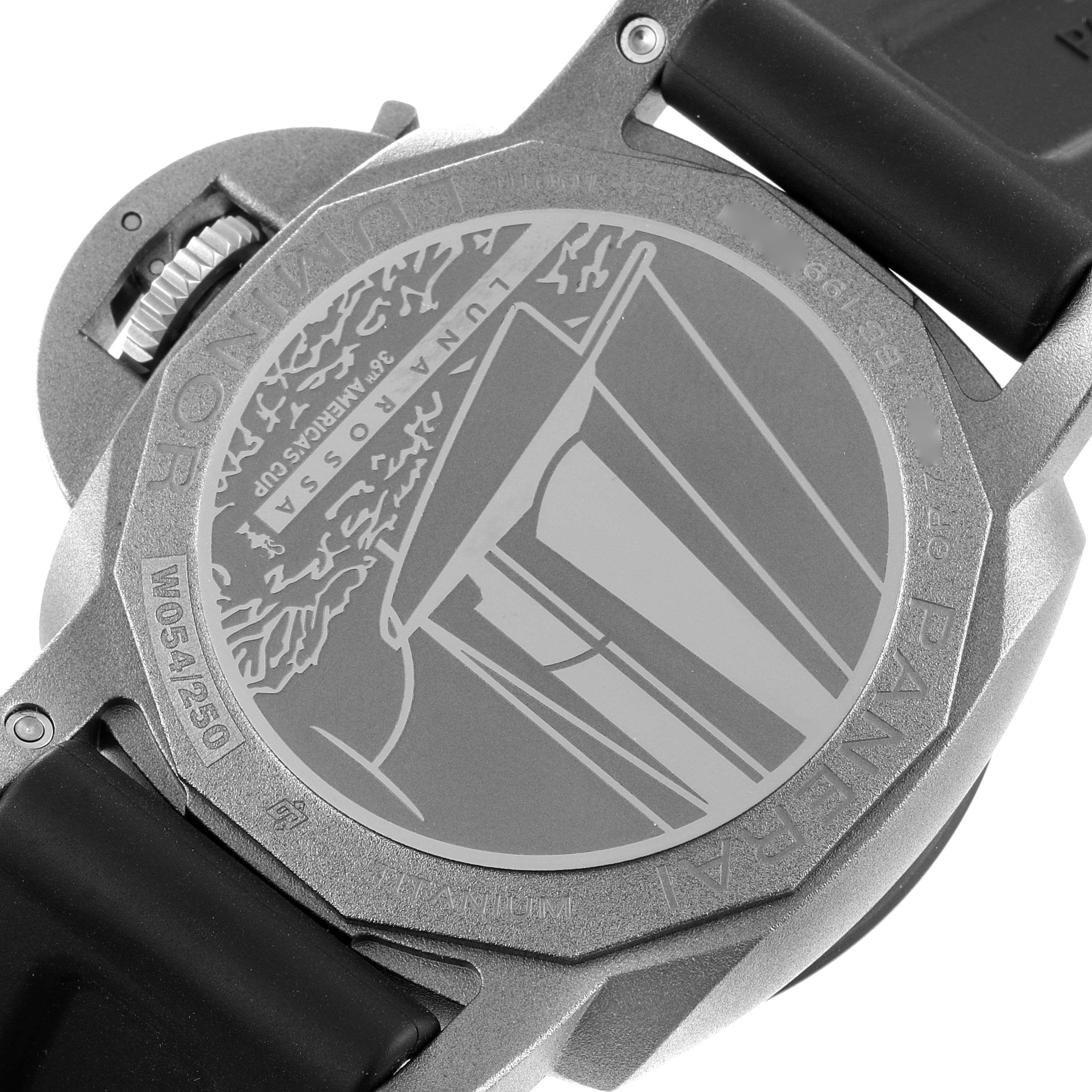 This image shows the case back and part of the strap of a Panerai Luminor PAM01096 Men's Titanium Black Dial PAM01096 Men's Titanium Black Dial watch.