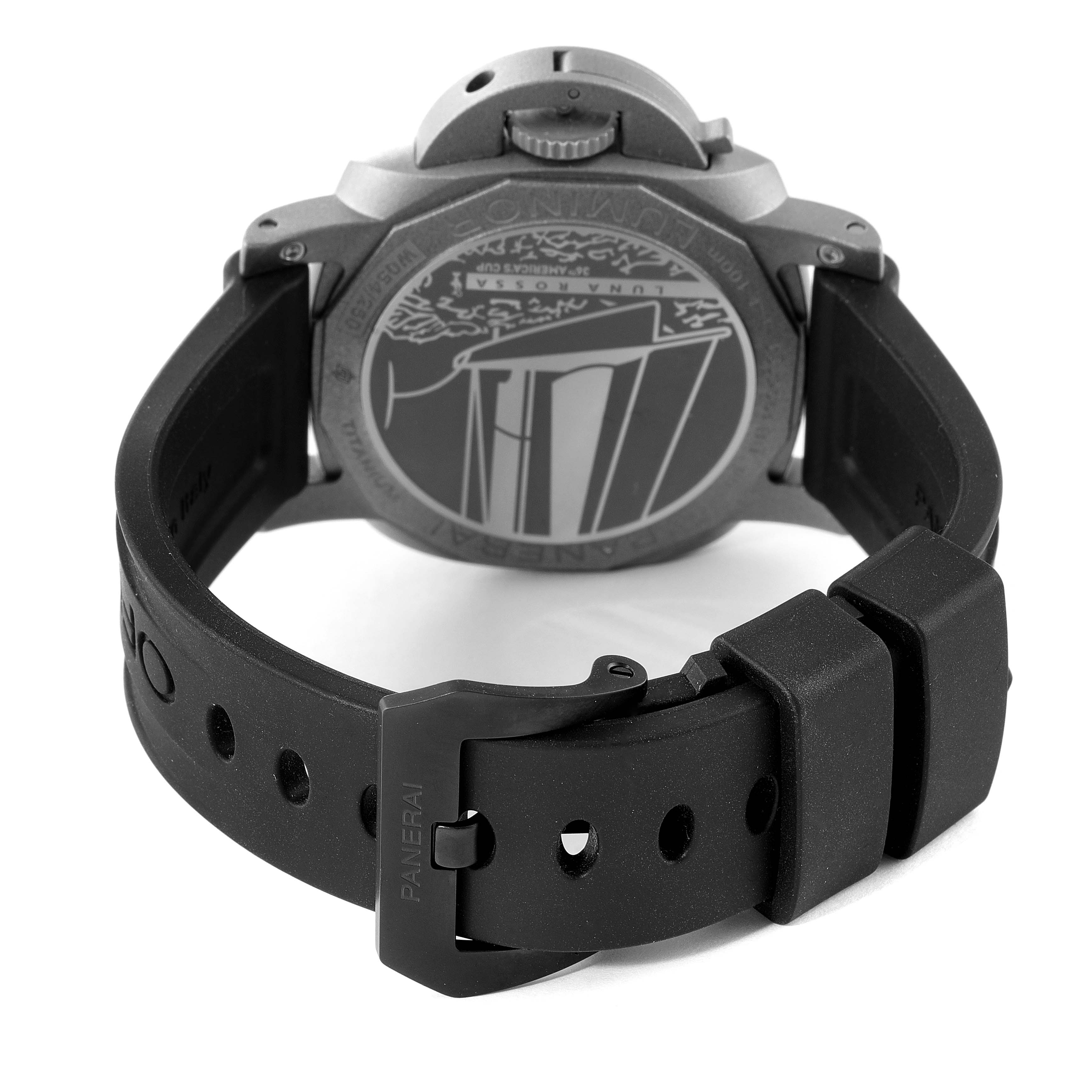 The image shows the rear view of a Panerai Luminor PAM01096 Men's Titanium Black Dial PAM01096 Men's Titanium Black Dial watch, highlighting its back case and black rubber strap with a buckle.