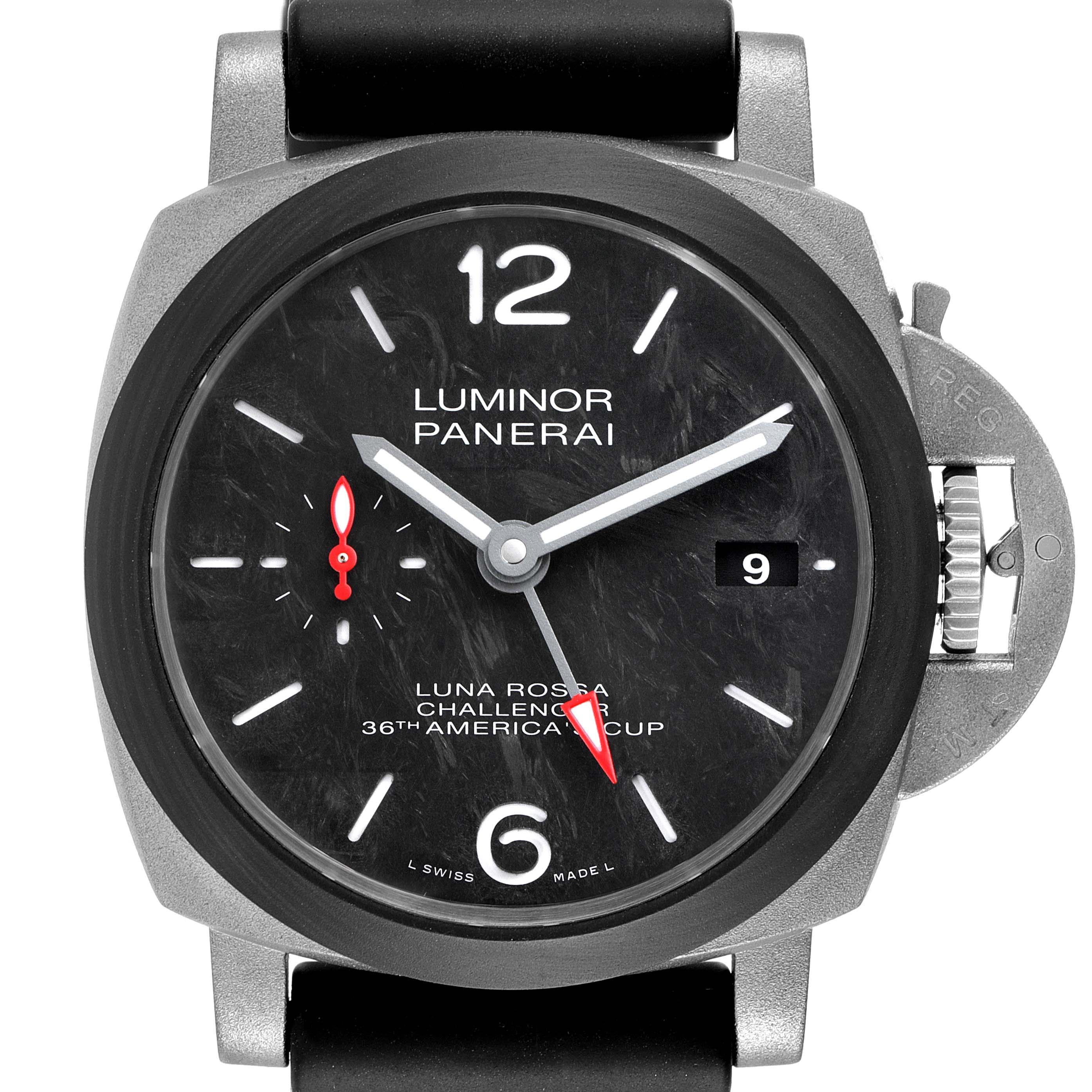 This image shows a front view of the Panerai Luminor PAM01096 Men's Titanium Black Dial PAM01096 Men's Titanium Black Dial watch, displaying the dial, hands, date window, and crown guard.