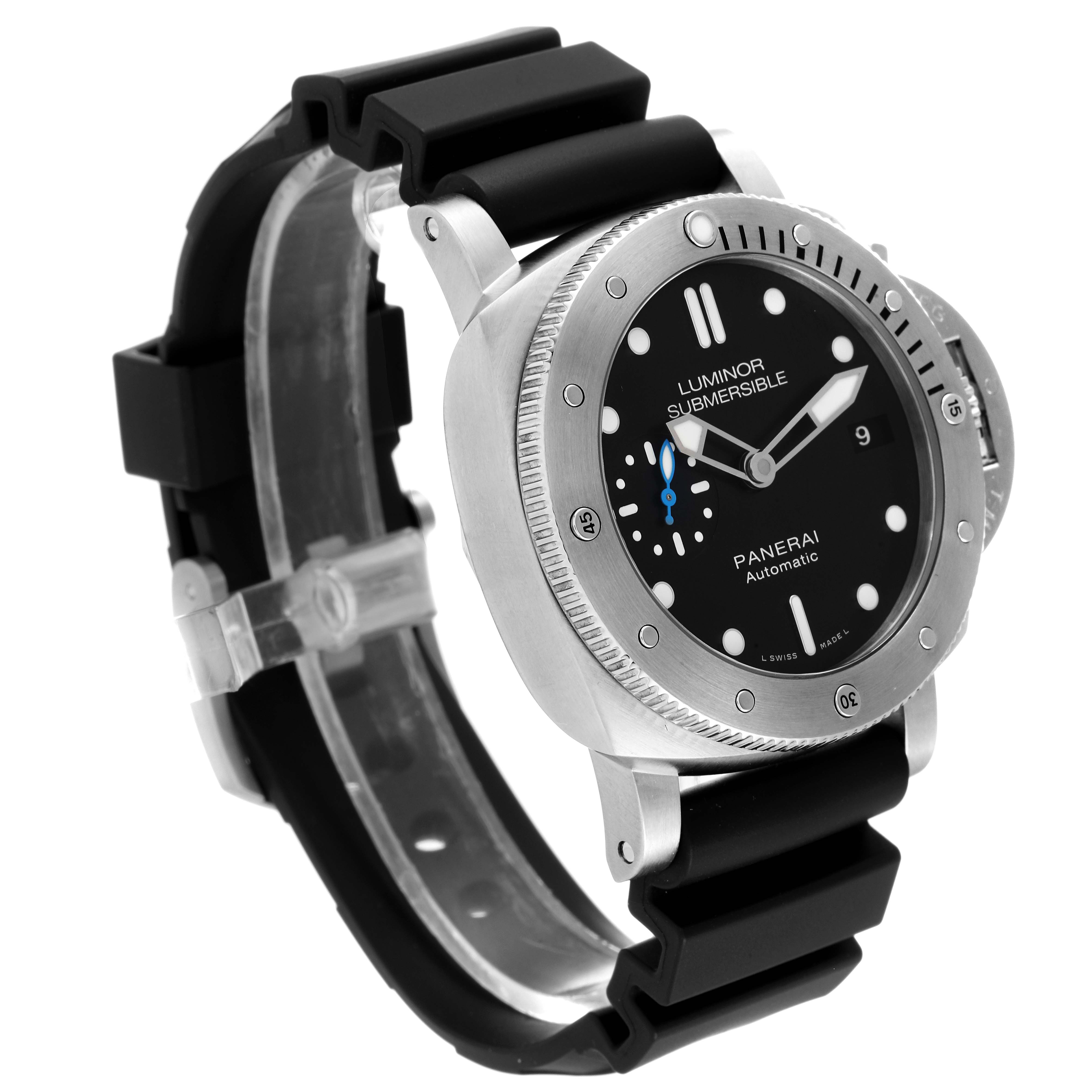 The image shows a Panerai Luminor Submersible watch at a three-quarter angle, highlighting the dial, bezel, and rubber strap.