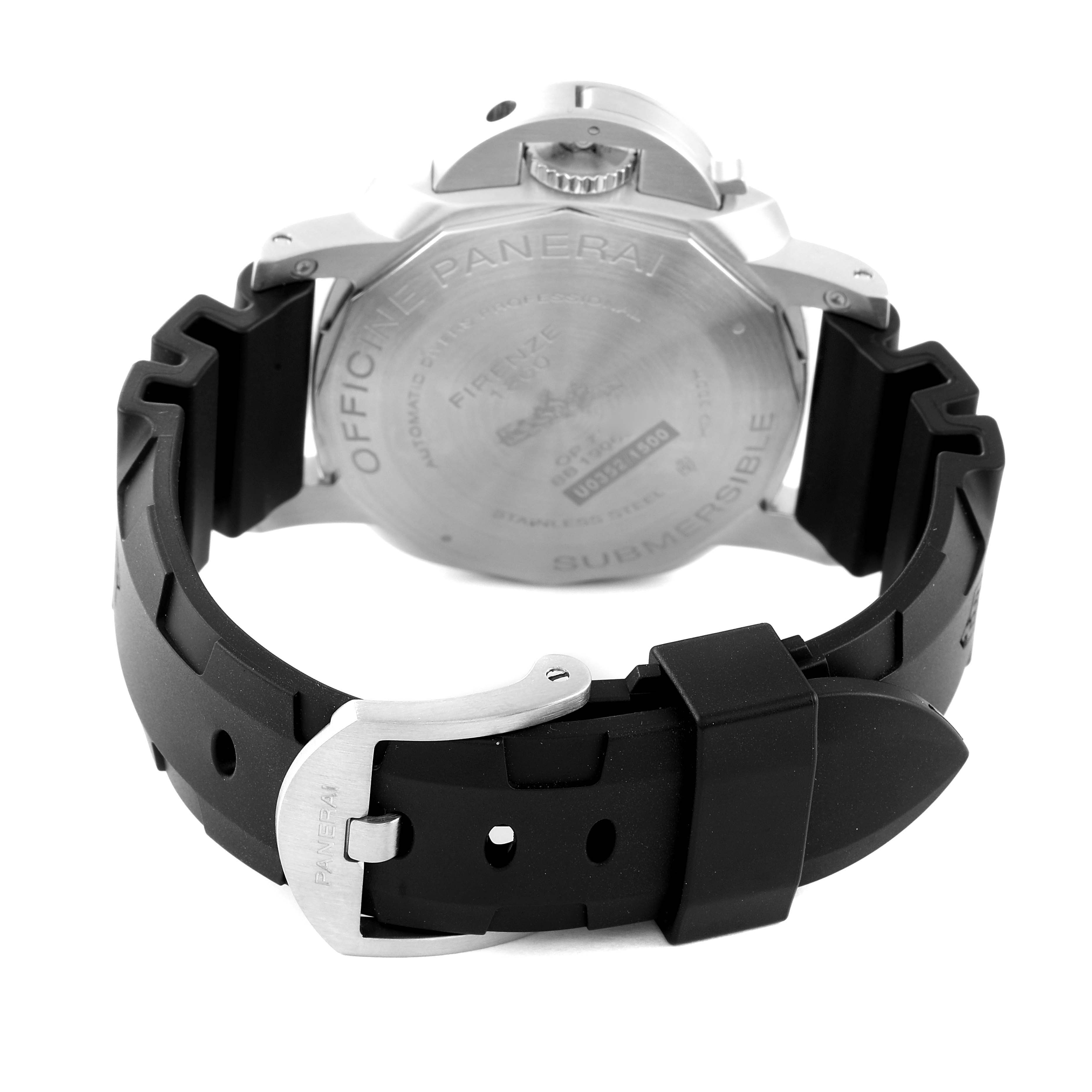 The image shows the back case and strap of a Panerai Submersible PAM00682 Men
s Stainless Steel Black Dial PAM00682 Men
s Stainless Steel Black Dial watch, viewed from the rear.