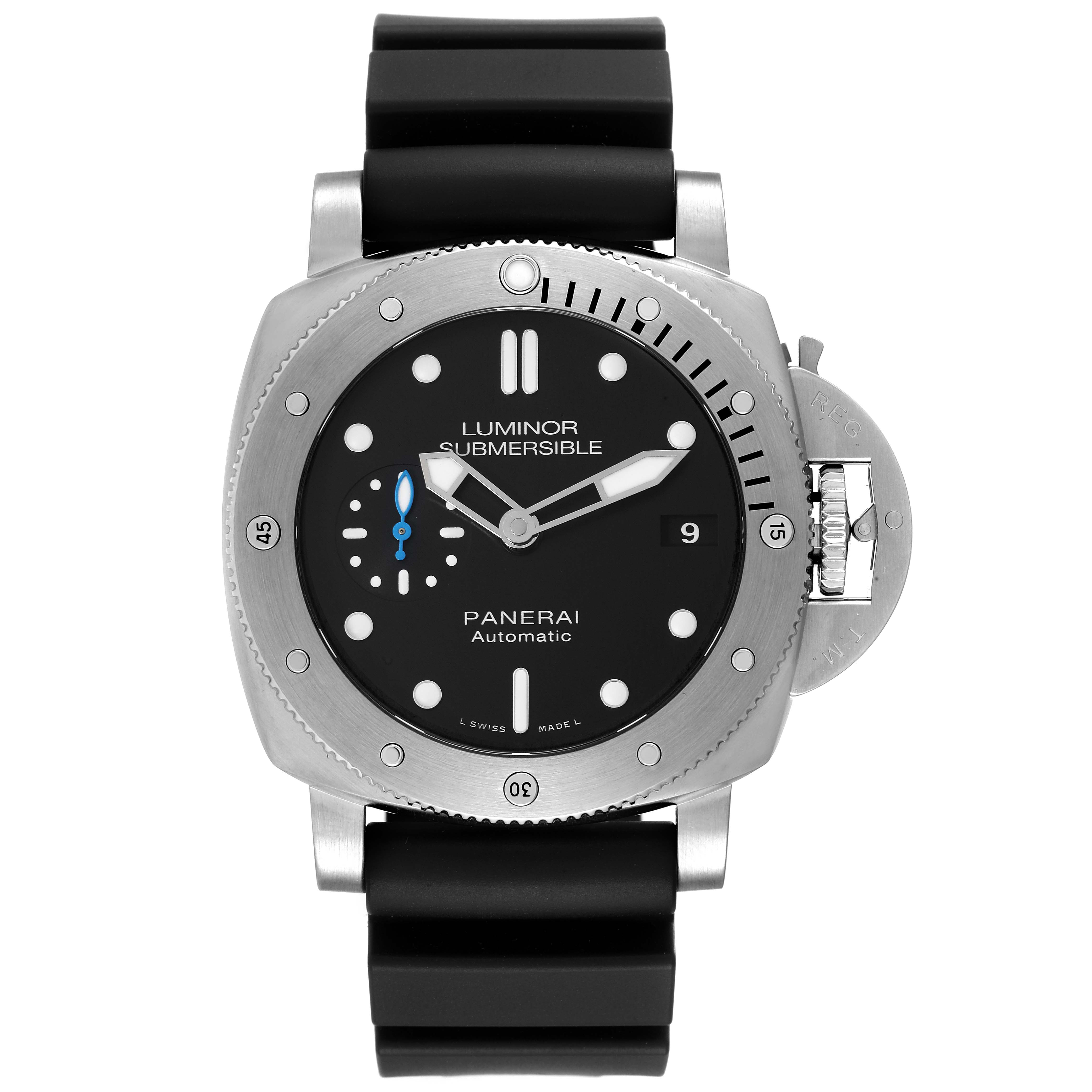 The Panerai Submersible PAM00682 Men
s Stainless Steel Black Dial PAM00682 Men
s Stainless Steel Black Dial watch is shown from the front, highlighting its dial, bezel, case, and strap.
