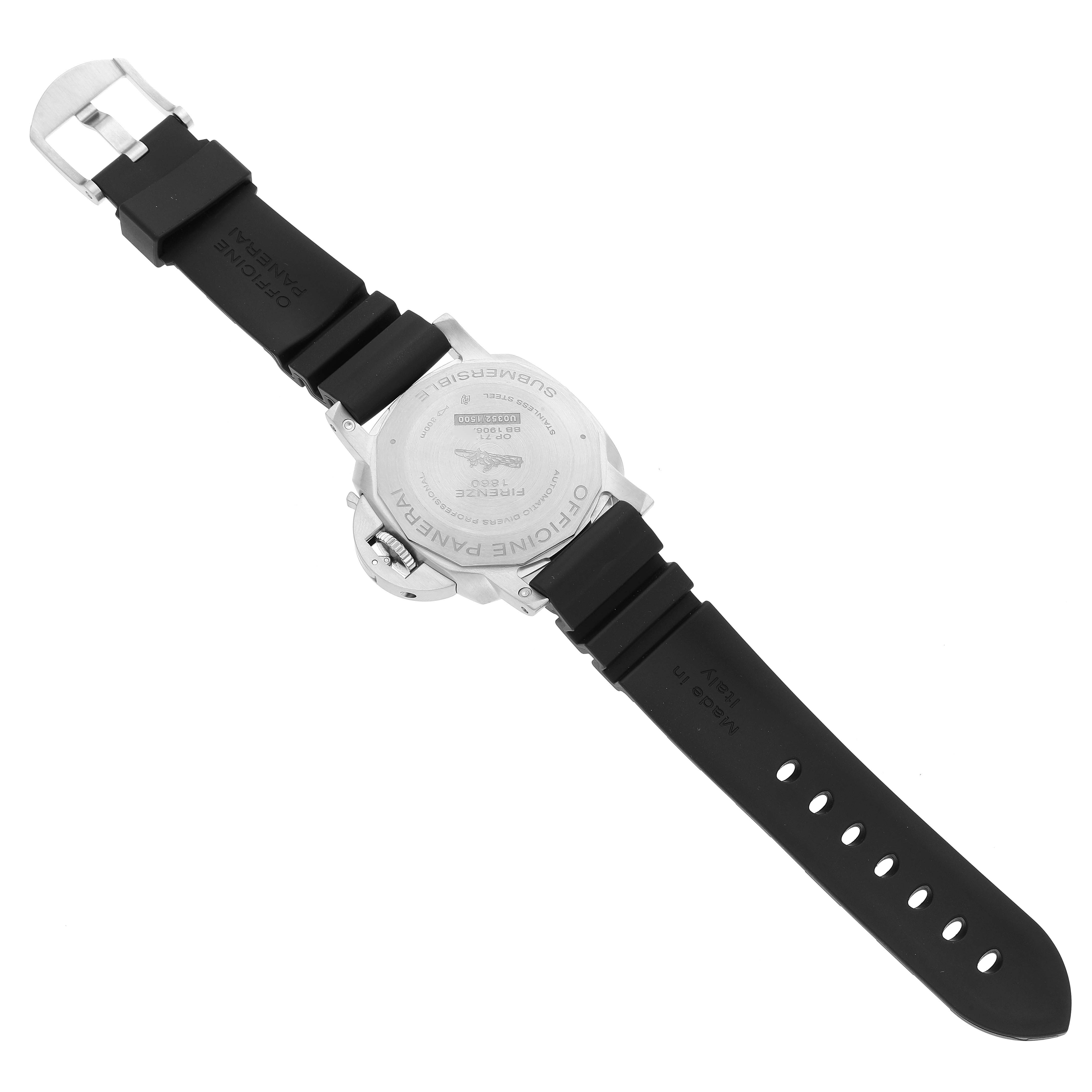 The image shows the back view of the Panerai Submersible PAM00682 Men
s Stainless Steel Black Dial PAM00682 Men
s Stainless Steel Black Dial model, highlighting its case back and black rubber strap.