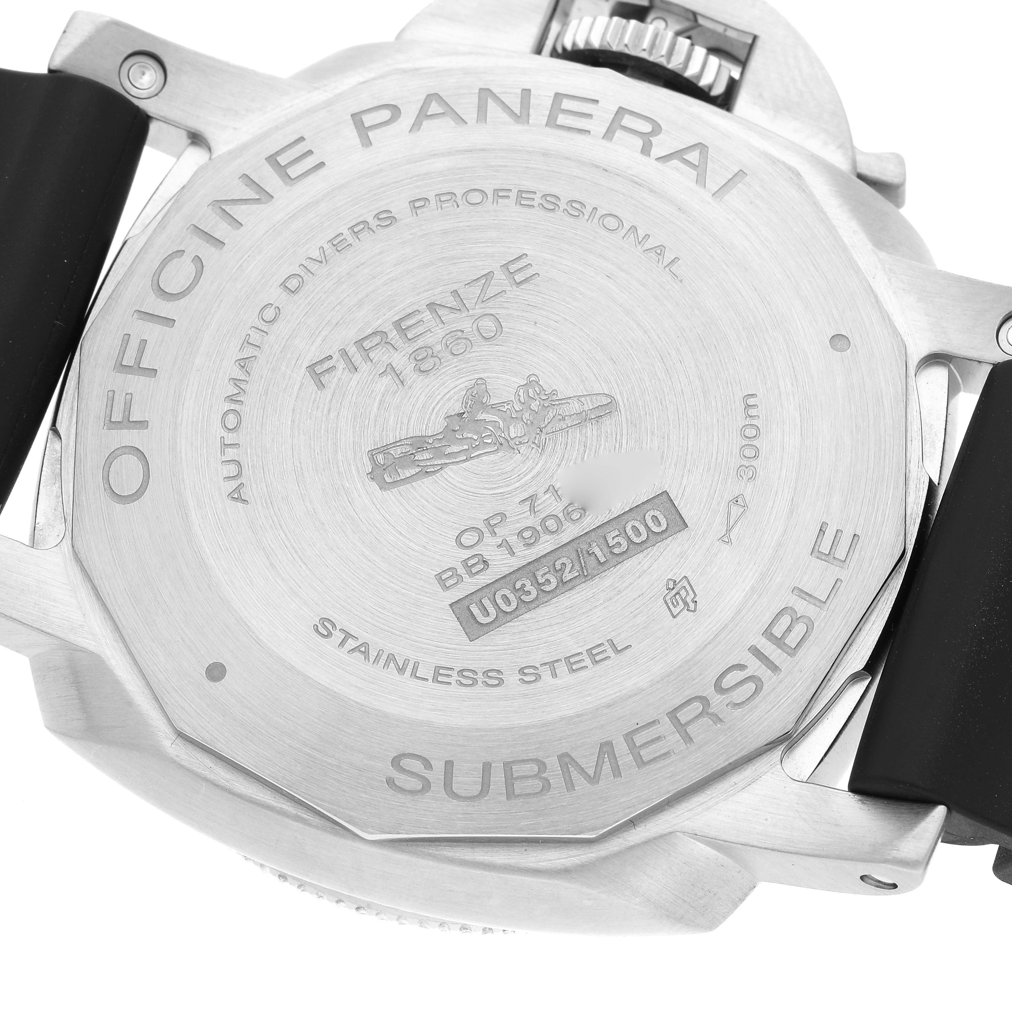The image shows the back case of a Panerai Submersible PAM00682 Men
s Stainless Steel Black Dial PAM00682 Men
s Stainless Steel Black Dial watch, highlighting the model details and strap attachment.