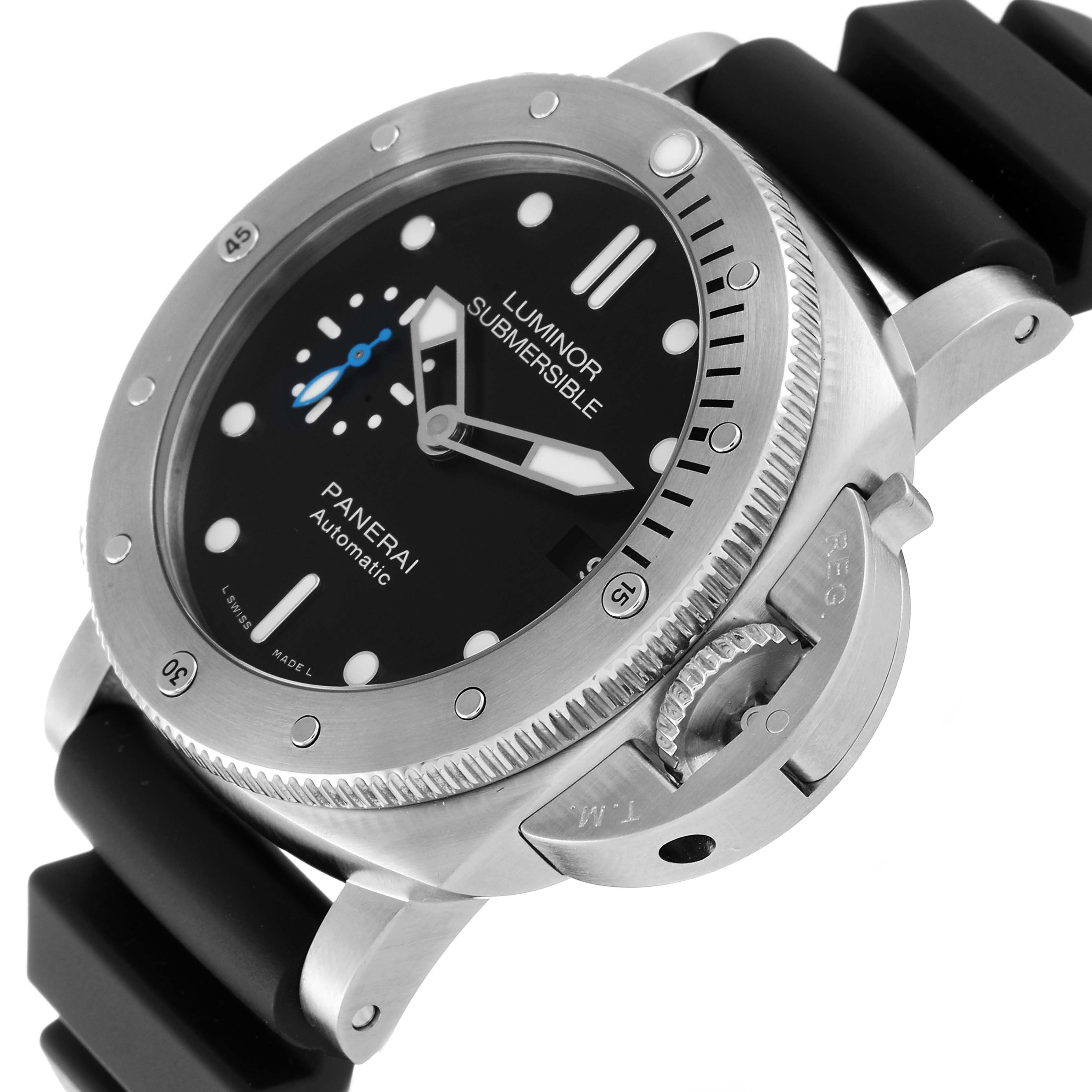 The image shows a side and angled view of the Panerai Luminor Submersible watch, highlighting its bezel, crown guard, and strap.