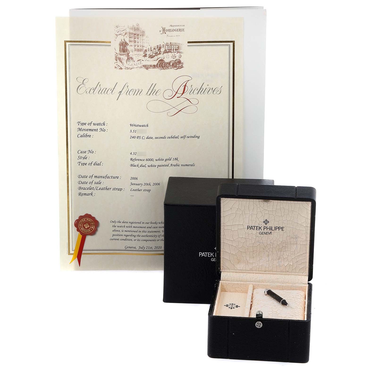 The image shows the certification papers and box for a Patek Philippe Calatrava 6000G Men's White Gold Black Dial 6000G Men's White Gold Black Dial model watch.