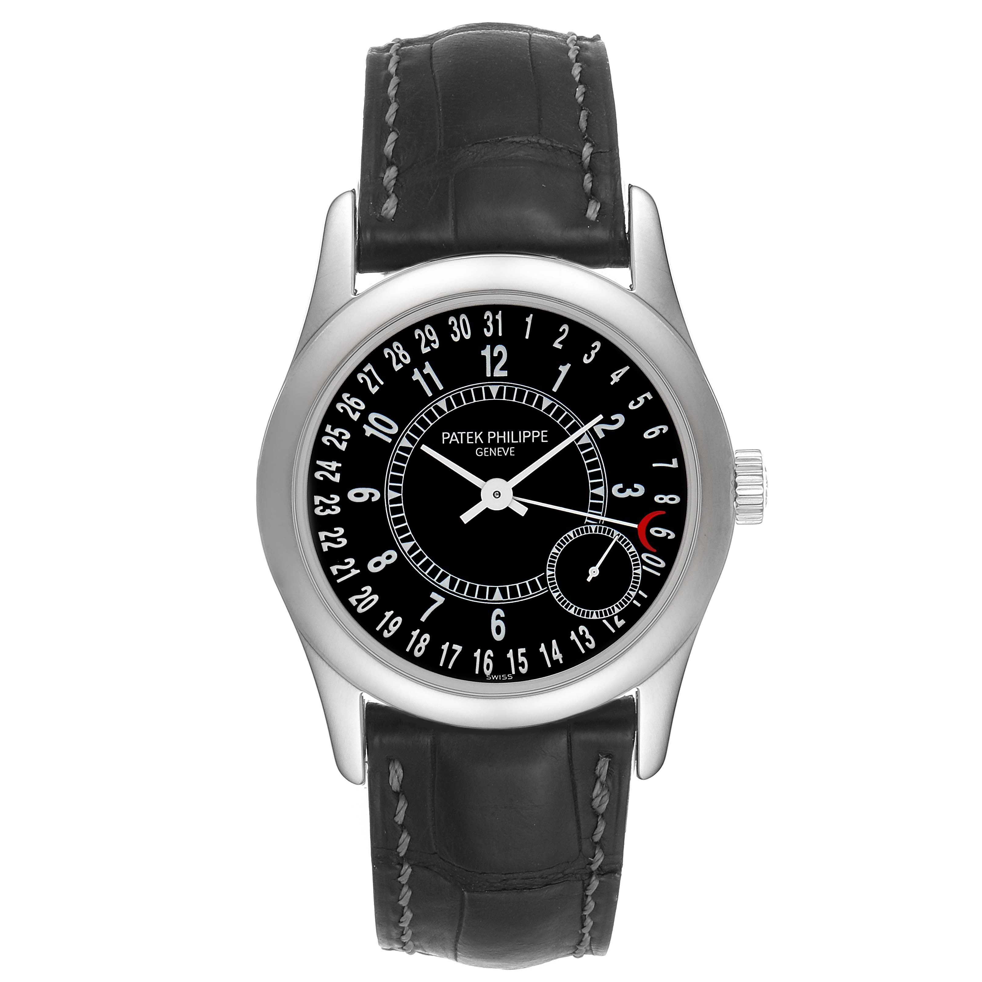The image shows a front view of a Patek Philippe Calatrava 6000G Men's White Gold Black Dial 6000G Men's White Gold Black Dial watch with a black dial and leather strap.