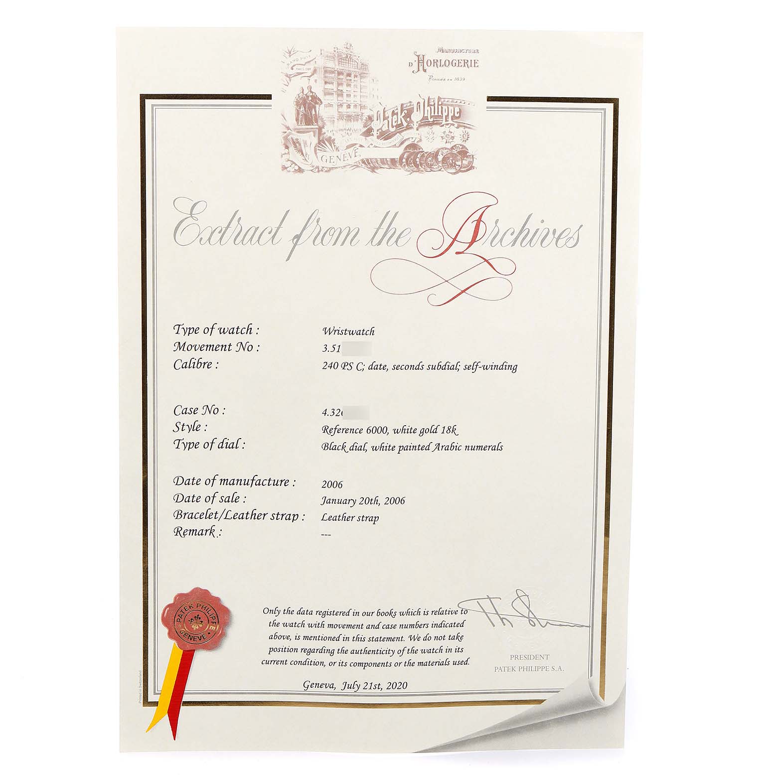 The image shows an extract from the archives certificate for a Patek Philippe Calatrava 6000G Men's White Gold Black Dial 6000G Men's White Gold Black Dial watch, model Reference 6000.