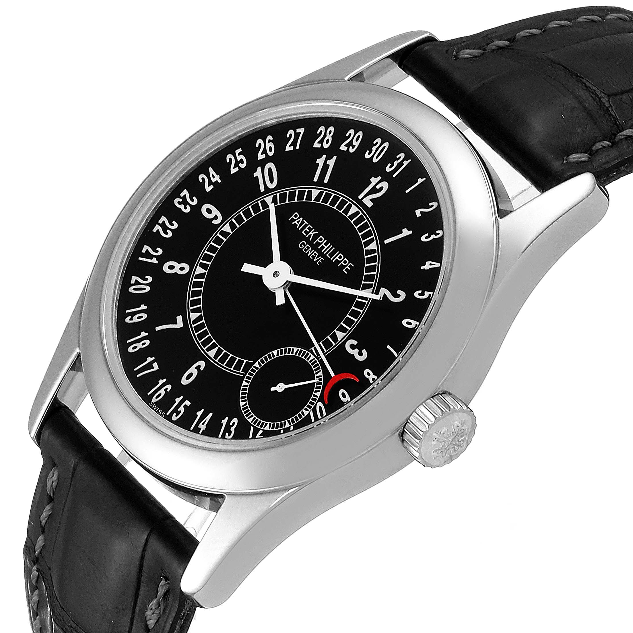 The image shows a Patek Philippe Calatrava 6000G Men's White Gold Black Dial 6000G Men's White Gold Black Dial watch from an angle highlighting the dial, bezel, crown, and part of the leather strap.