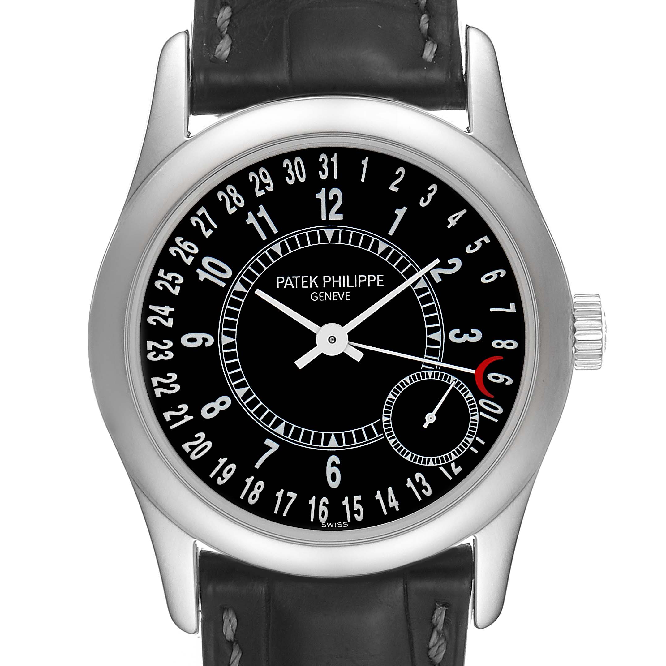 The image shows a Patek Philippe Calatrava 6000G Men's White Gold Black Dial 6000G Men's White Gold Black Dial watch from a front angle, highlighting its black dial, silver hands, and date markers.