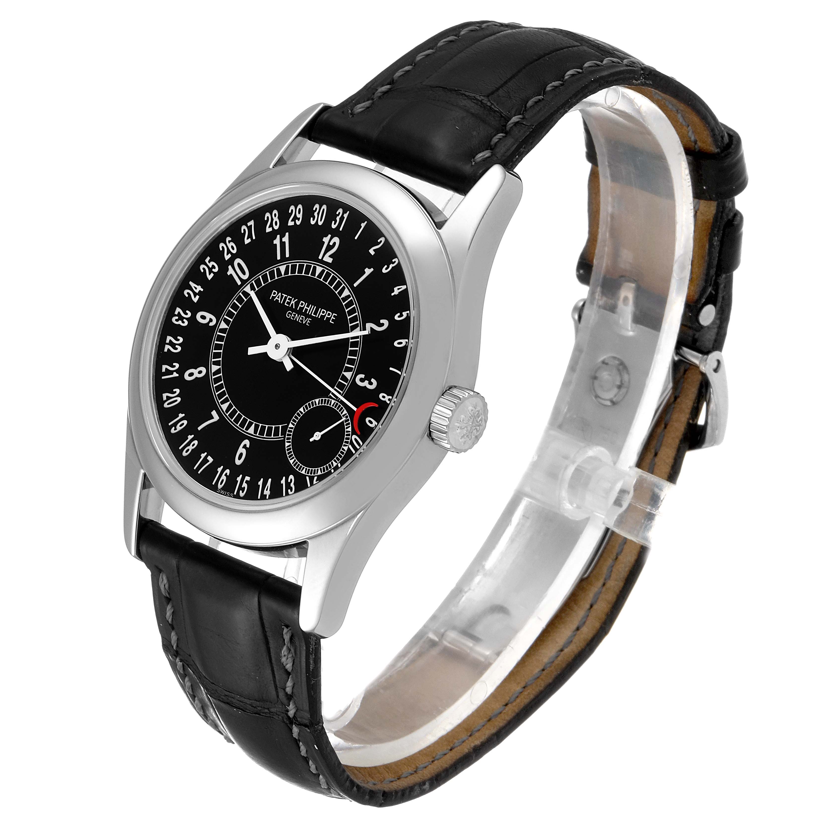 This image shows a Patek Philippe Calatrava 6000G Men's White Gold Black Dial 6000G Men's White Gold Black Dial watch at a three-quarter angle, displaying the black dial, crown, and black leather strap.