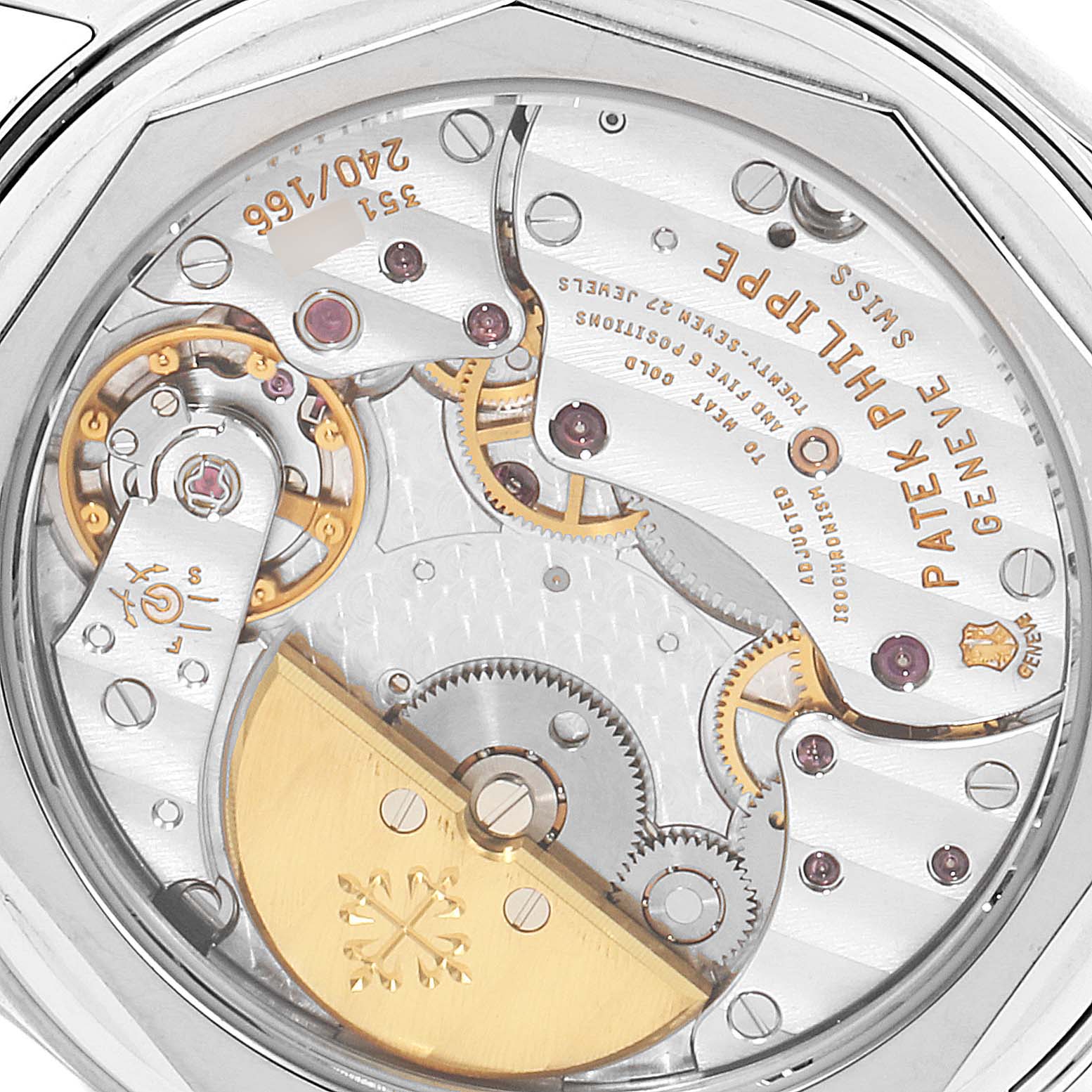 This image shows the intricate movement mechanism of a Patek Philippe Calatrava 6000G Men's White Gold Black Dial 6000G Men's White Gold Black Dial watch viewed from the back.