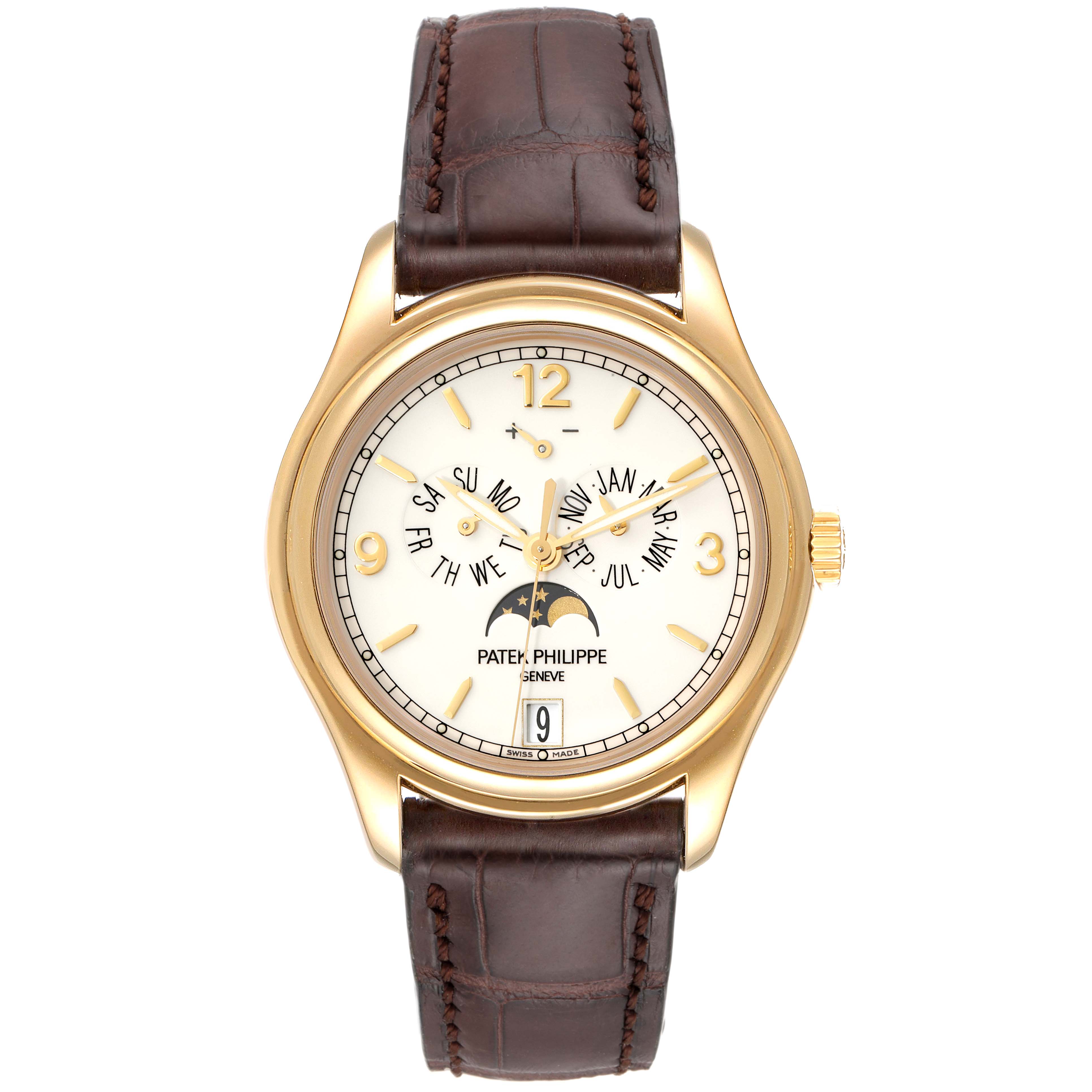 The image shows a front view of the Patek Philippe Complications 5146J Men's Yellow Gold Beige Dial 5146J Men's Yellow Gold Beige Dial model with a gold case and brown leather strap.