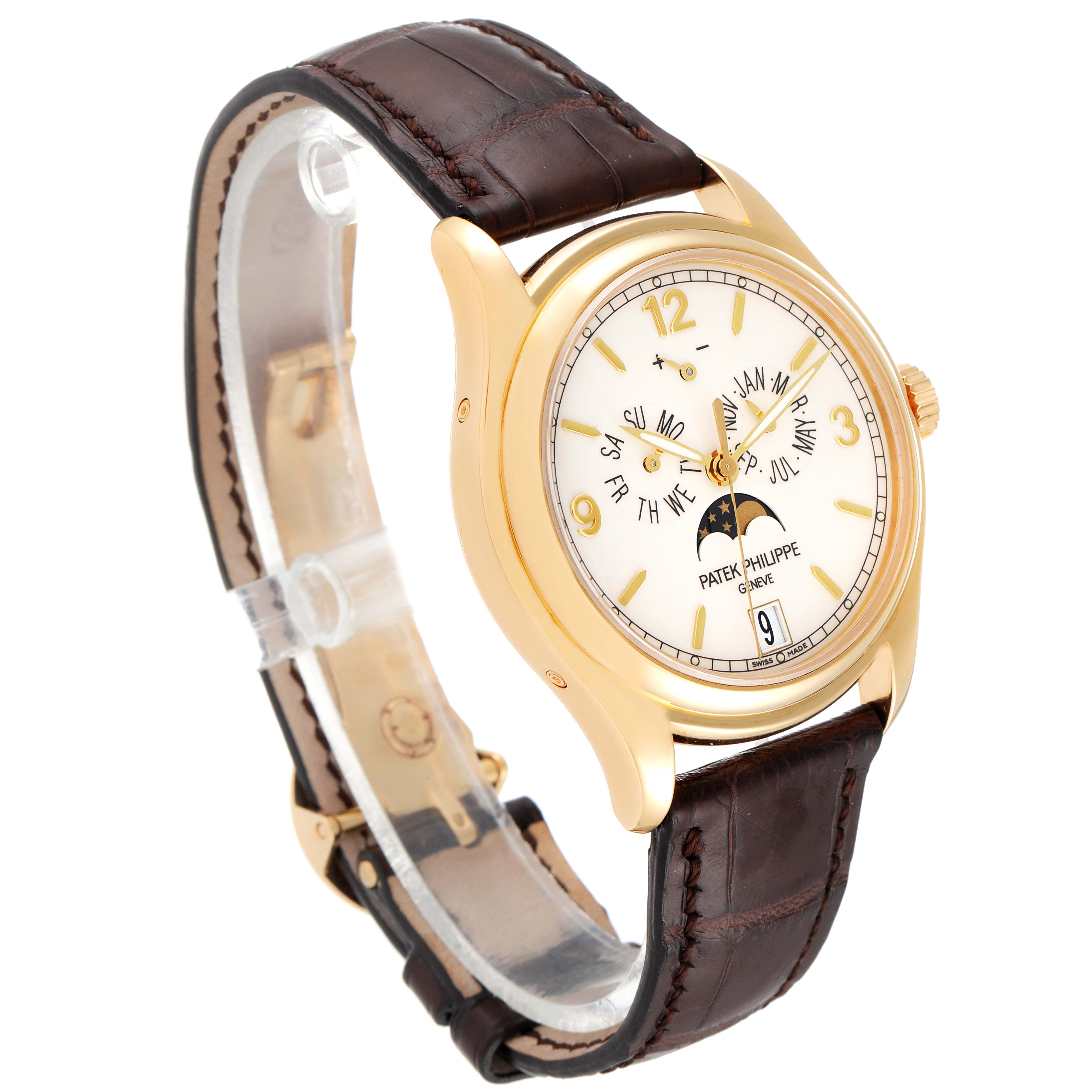 This Patek Philippe Complications 5146J Men's Yellow Gold Beige Dial 5146J Men's Yellow Gold Beige Dial watch is shown at a slight angle, highlighting its face, case, strap, and clasp.