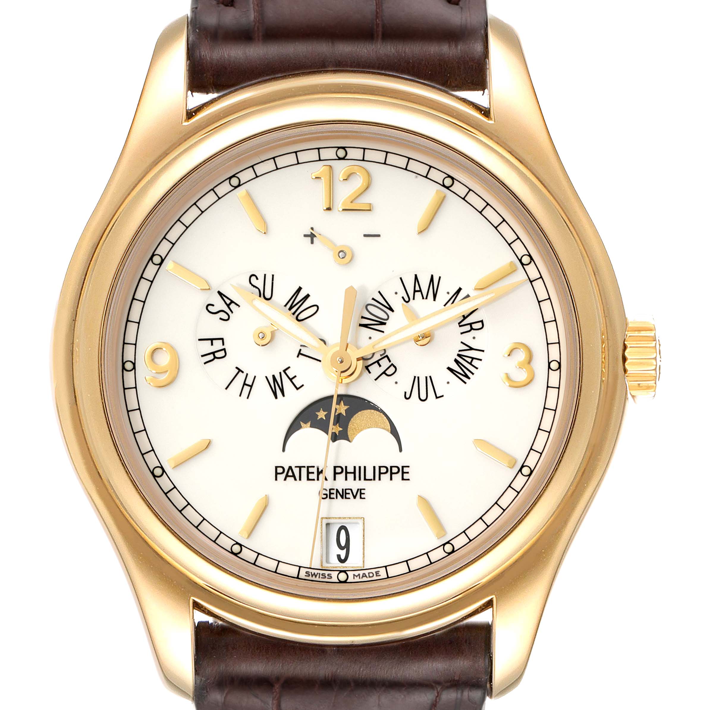 This image shows a front view of the Patek Philippe Complications 5146J Men's Yellow Gold Beige Dial 5146J Men's Yellow Gold Beige Dial model displaying its dial with multiple functions and a leather strap.