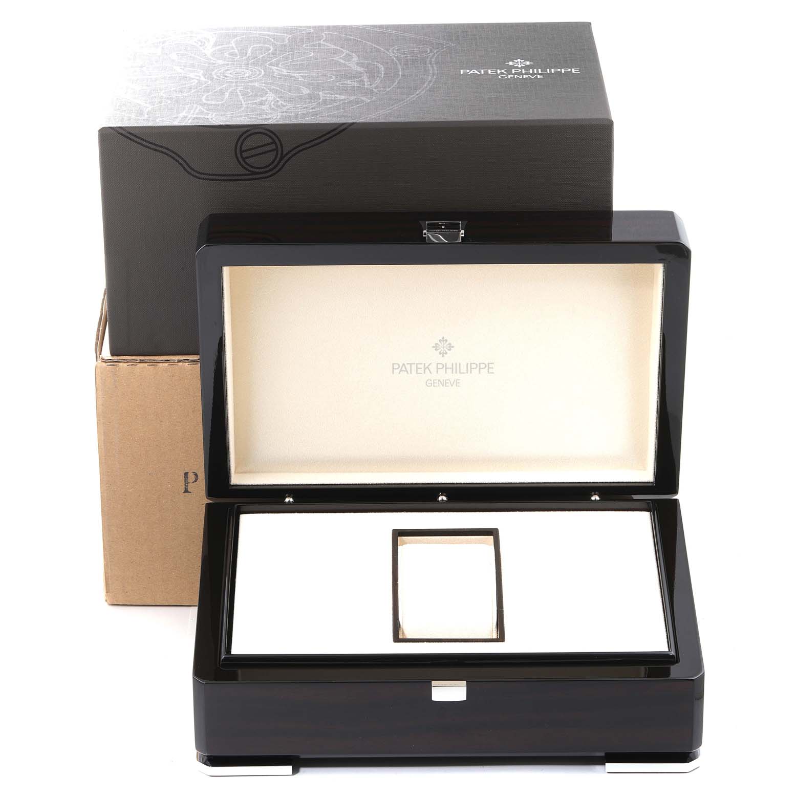 The image shows the open presentation box and outer packaging for a Patek Philippe Complications 5146J Men's Yellow Gold Beige Dial 5146J Men's Yellow Gold Beige Dial watch, viewed from the front.