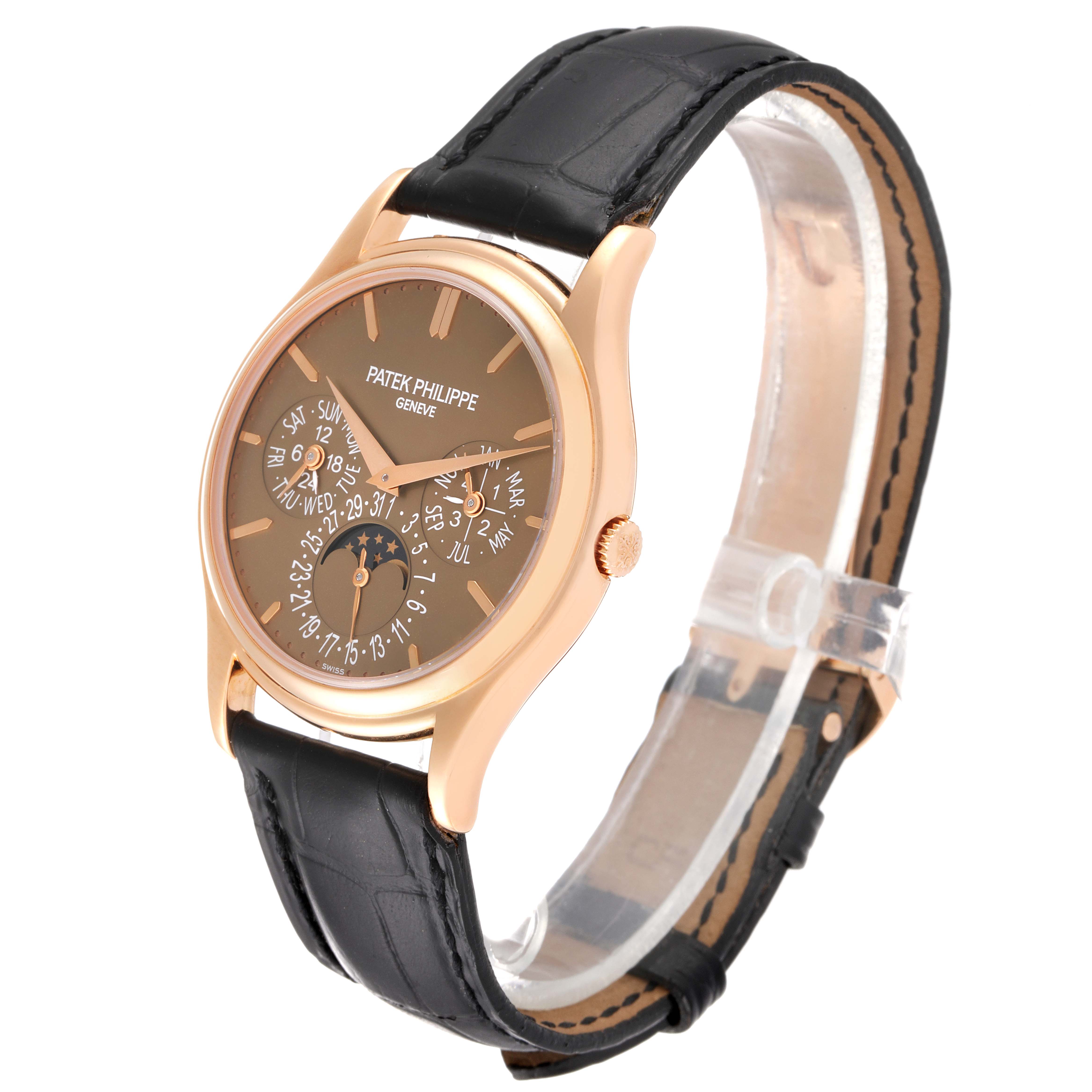 This image shows a side-angle view of a Patek Philippe Complications 5140R-001 Men's Rose Gold Brown Dial 5140R-001 Men's Rose Gold Brown Dial model watch, highlighting the dial and leather strap.