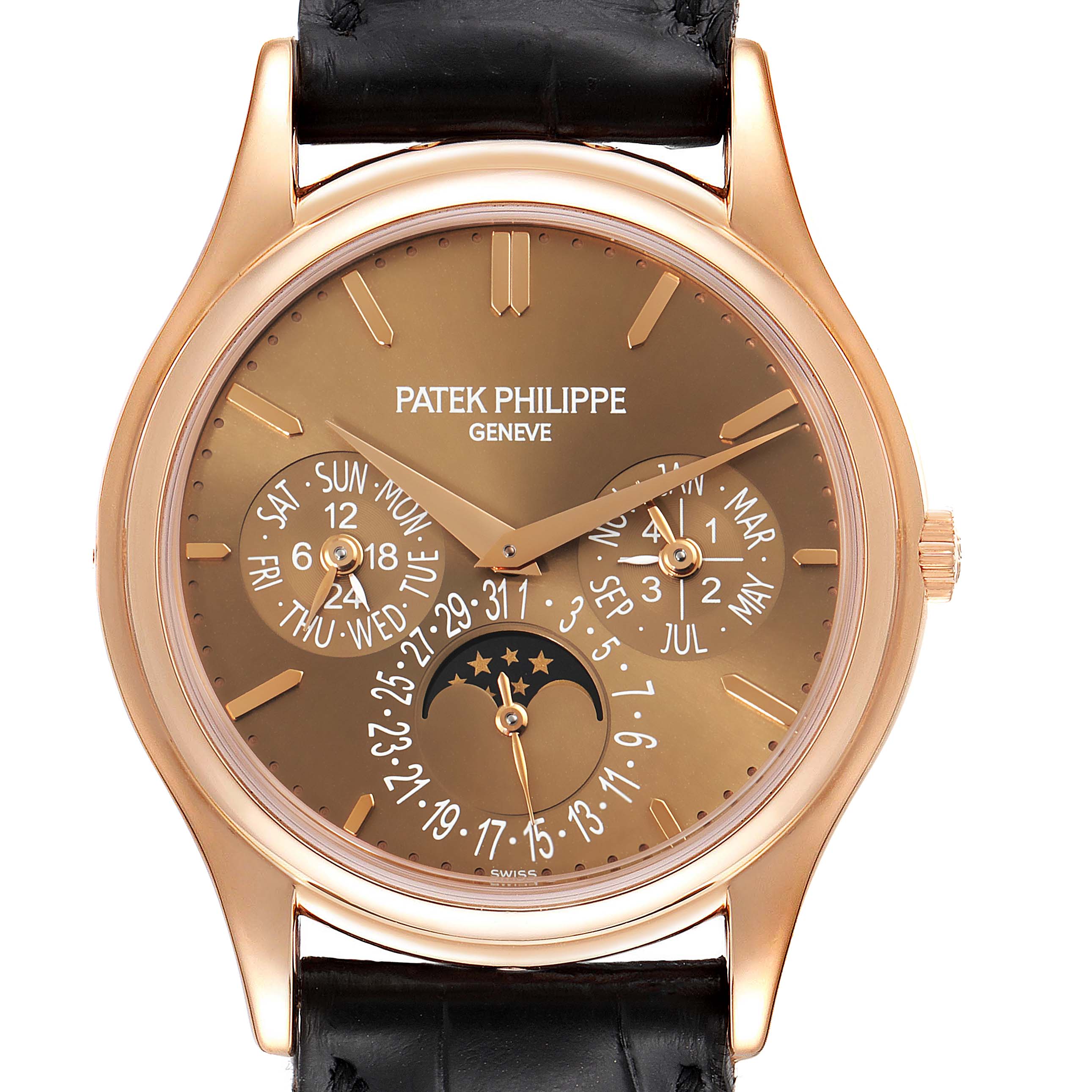 The image shows a front view of the Patek Philippe Complications 5140R-001 Men's Rose Gold Brown Dial 5140R-001 Men's Rose Gold Brown Dial model watch, displaying its dial and complications.