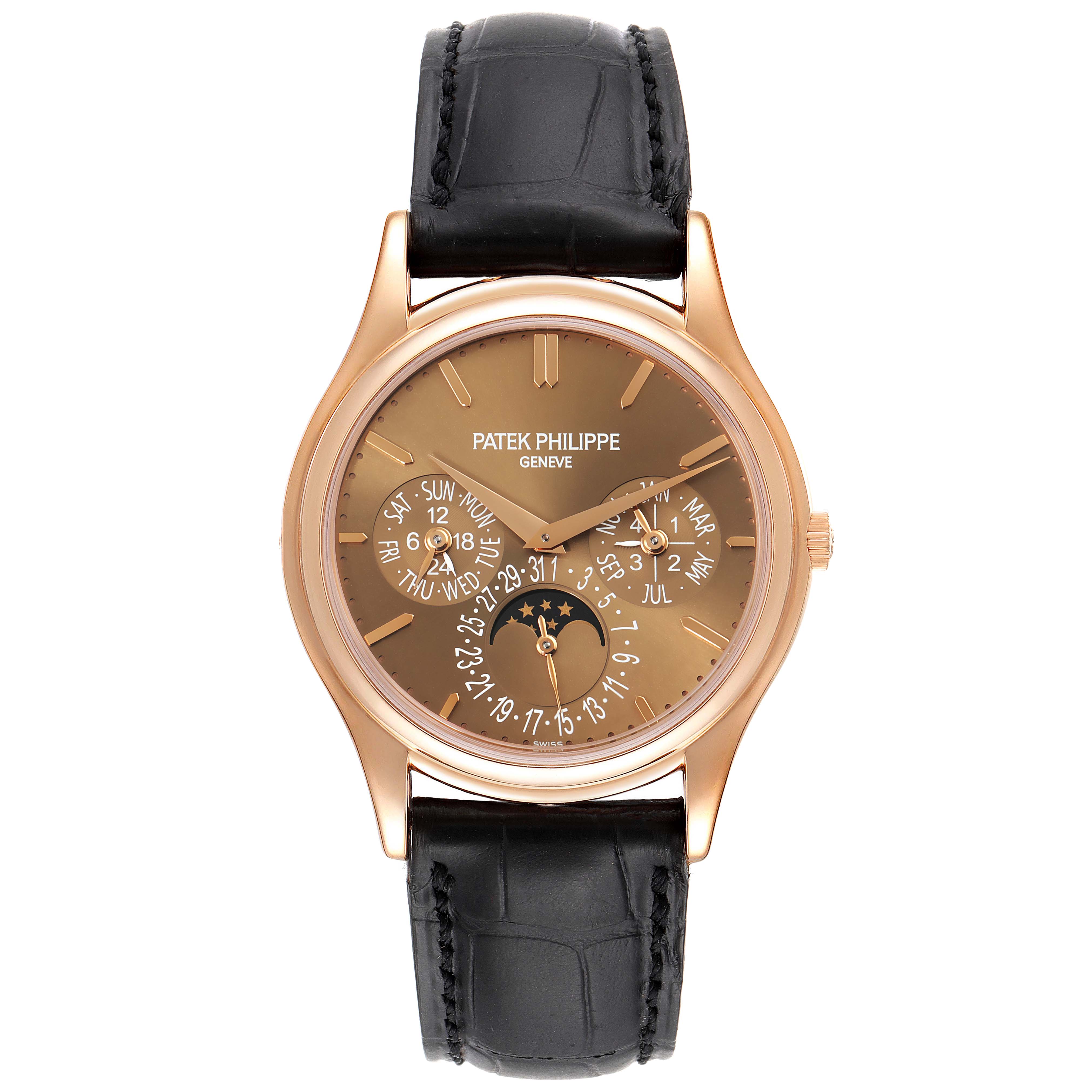 This is a front view of the Patek Philippe Complications 5140R-001 Men's Rose Gold Brown Dial 5140R-001 Men's Rose Gold Brown Dial model, showing the watch face and black leather strap.
