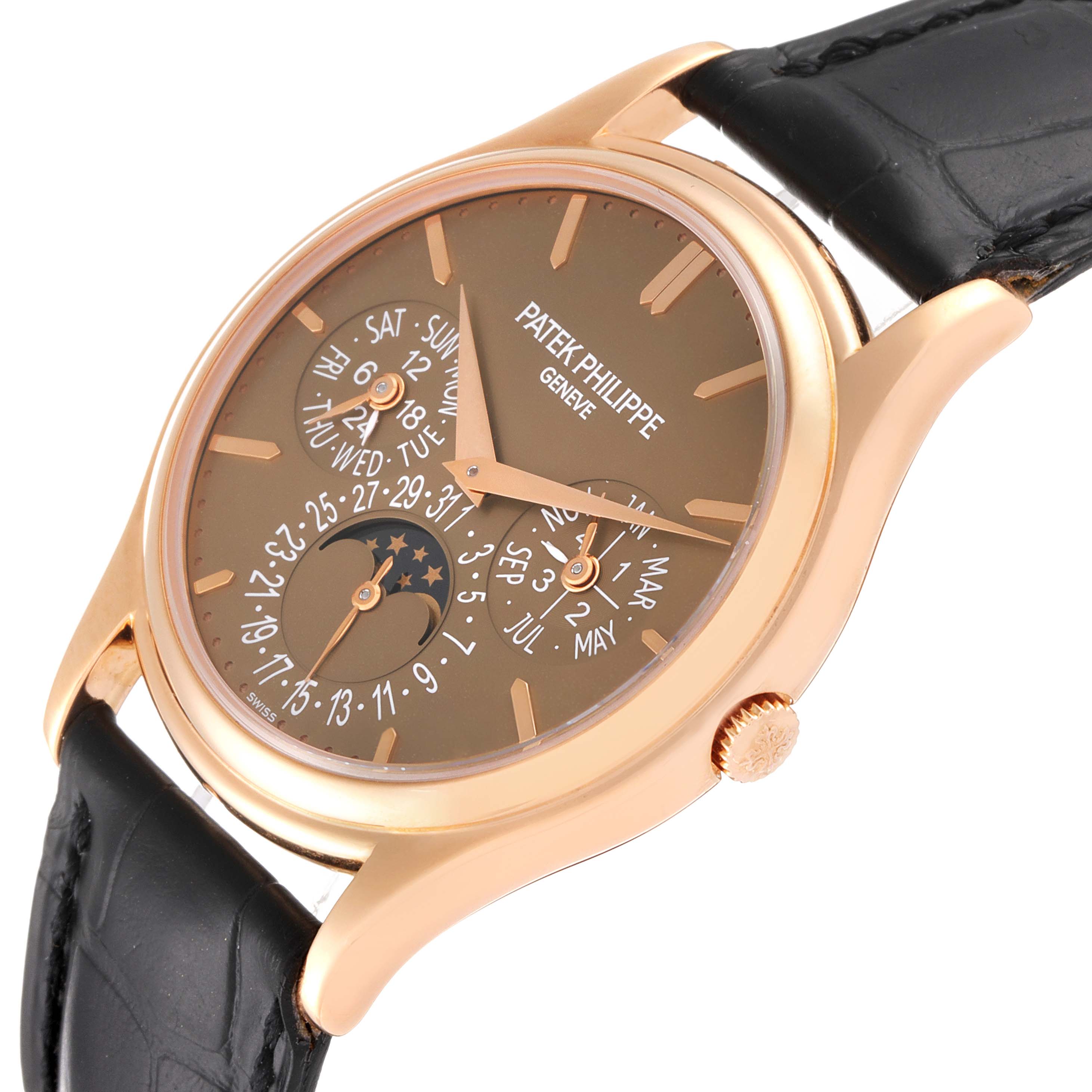 The image shows a Patek Philippe Complications 5140R-001 Men's Rose Gold Brown Dial 5140R-001 Men's Rose Gold Brown Dial model watch at a slight angle, displaying its face and leather strap.