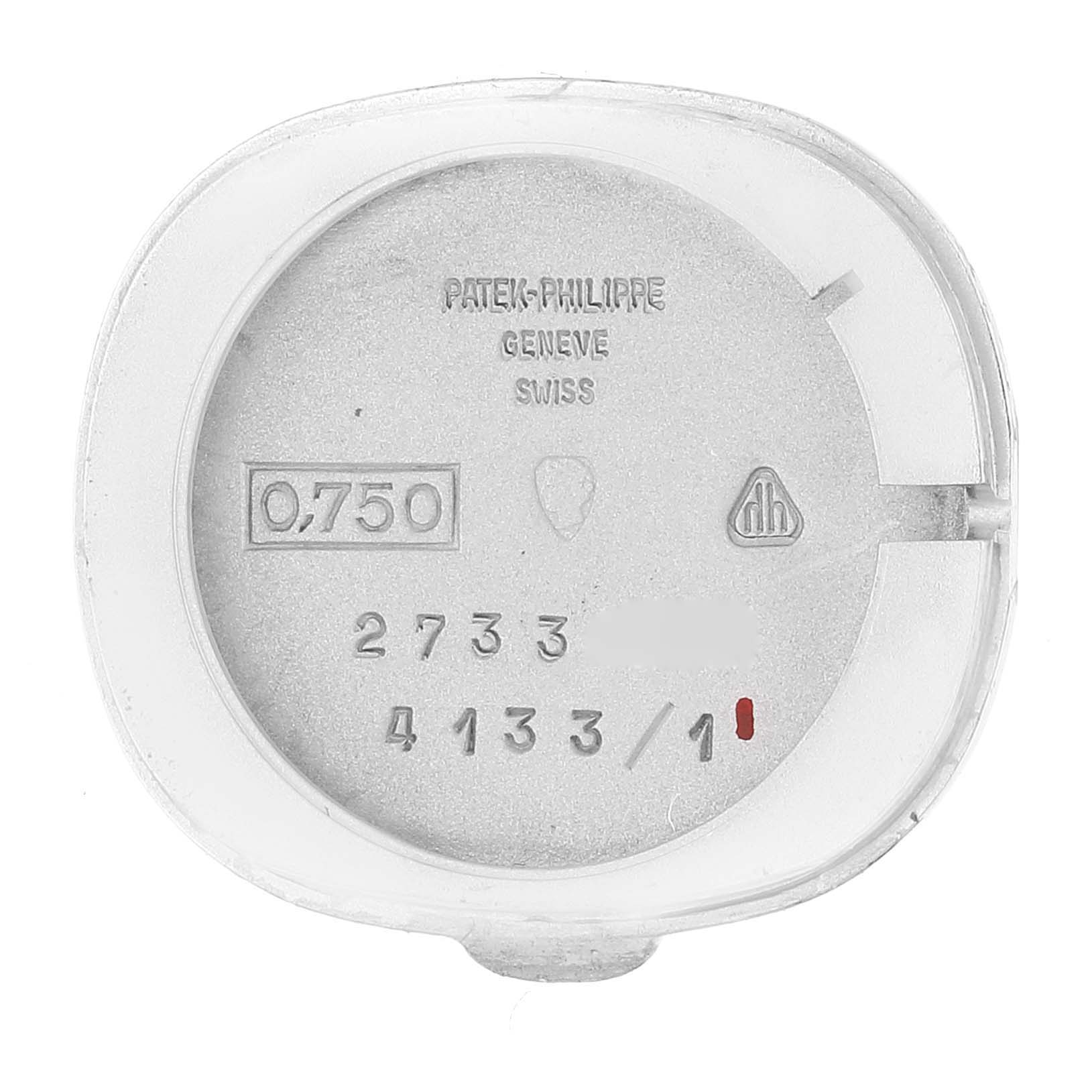 This image shows the interior case back of a Patek Philippe Golden Ellipse 4133 Women's White Gold Blue Dial 4133 Women's White Gold Blue Dial watch model.