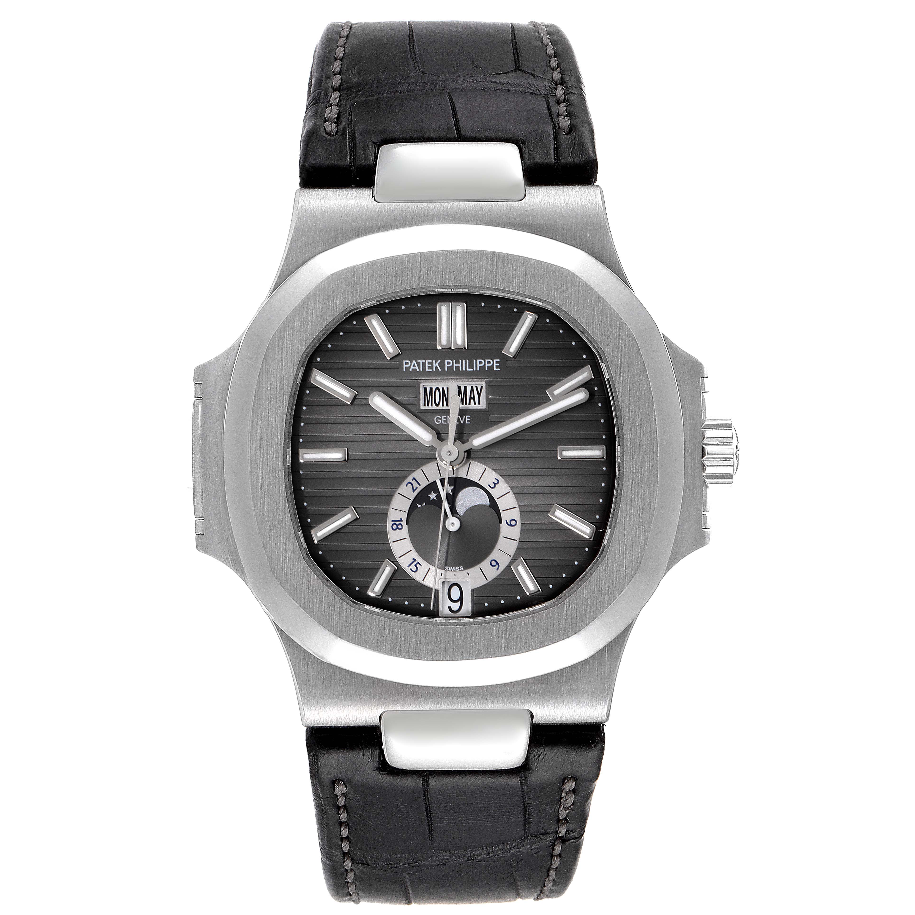 This image shows a Patek Philippe Nautilus 5726A-001 Men's Stainless Steel Black Dial 5726A-001 Men's Stainless Steel Black Dial watch from a front-facing angle, highlighting its dial, case, and leather strap.