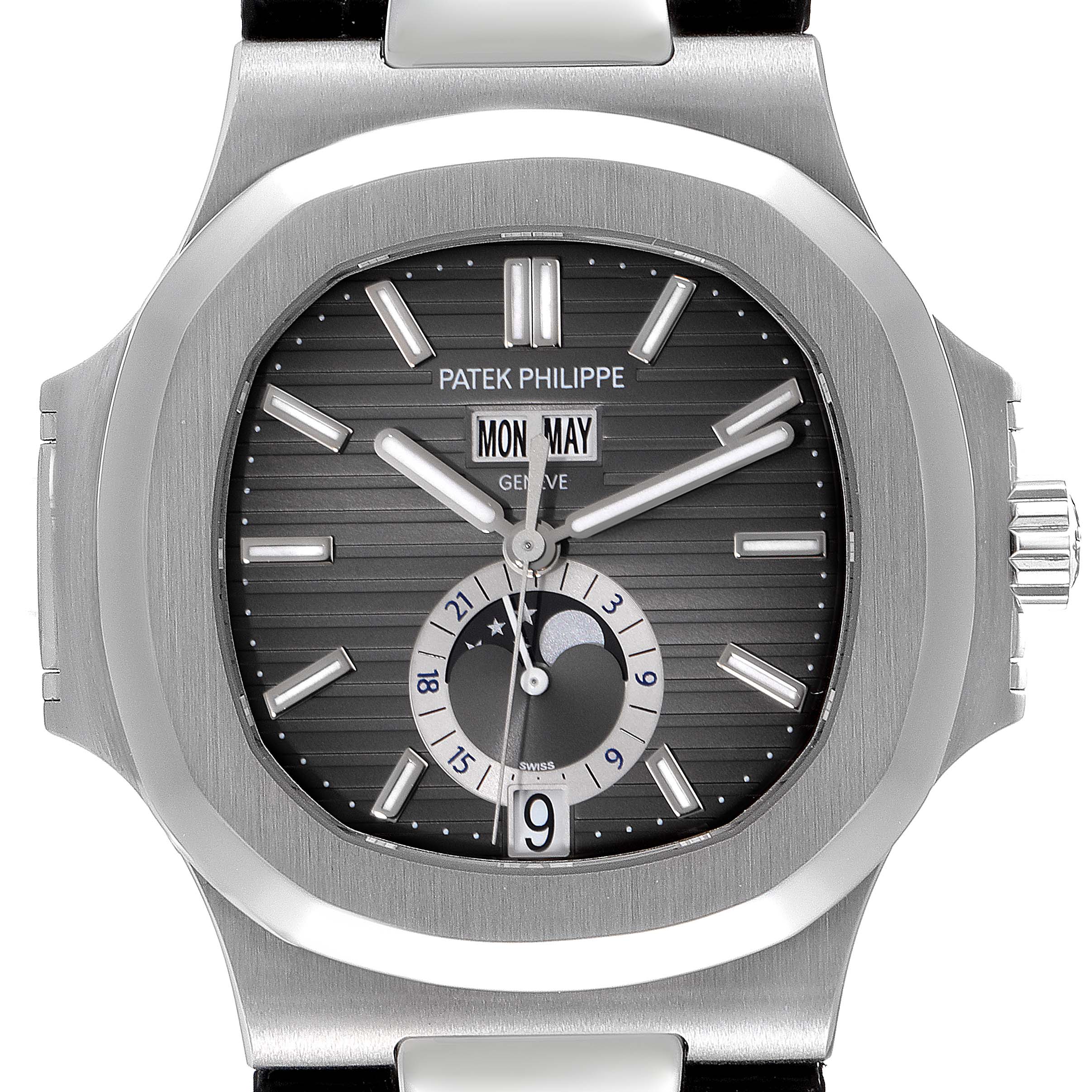 This image shows the face of a Patek Philippe Nautilus 5726A-001 Men's Stainless Steel Black Dial 5726A-001 Men's Stainless Steel Black Dial watch, highlighting the dial, hands, date, and moon phase indicators.