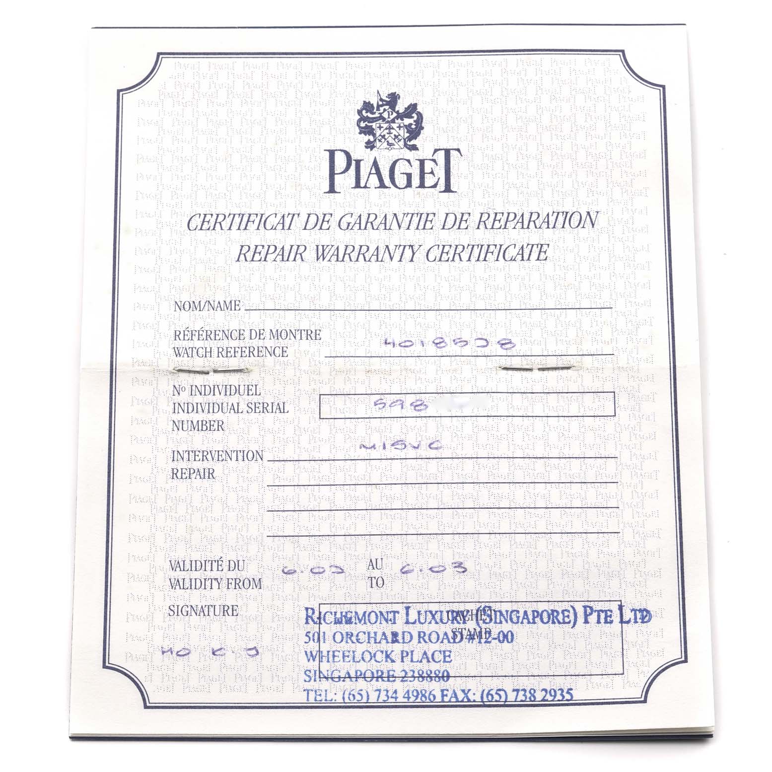 This image shows a repair warranty certificate for the Piaget 80564K81 Women's Yellow Gold Champagne Dial 80564K81 Women's Yellow Gold Champagne Dial Dancer Yellow Gold Champagne Dial Diamond Ladies Watch 80564.