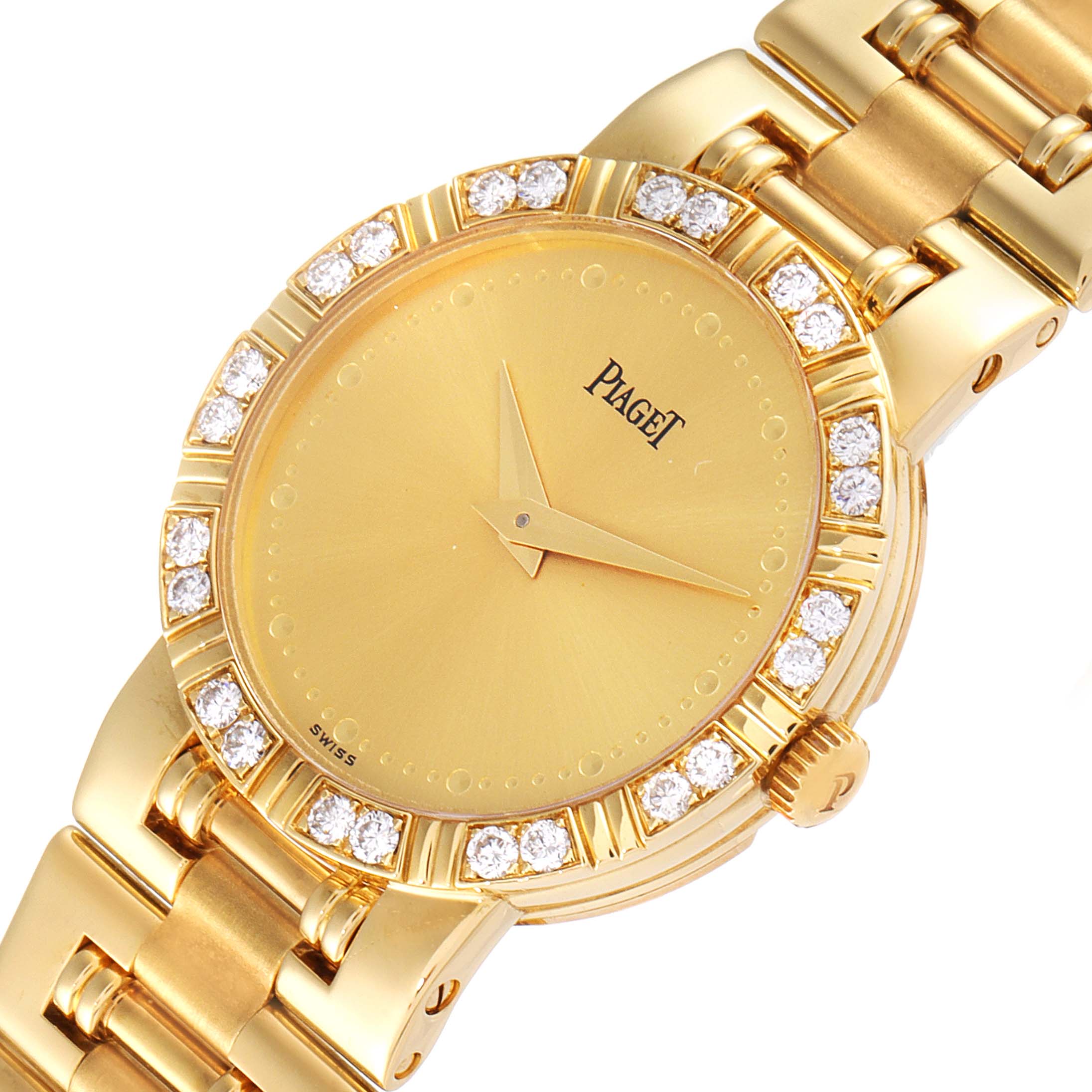 The Dancer Yellow Gold Champagne Dial Diamond Ladies Watch 80564 by Piaget 80564K81 Women's Yellow Gold Champagne Dial 80564K81 Women's Yellow Gold Champagne Dial is shown from a top-down angle, highlighting the face, bezel, and part of the band.