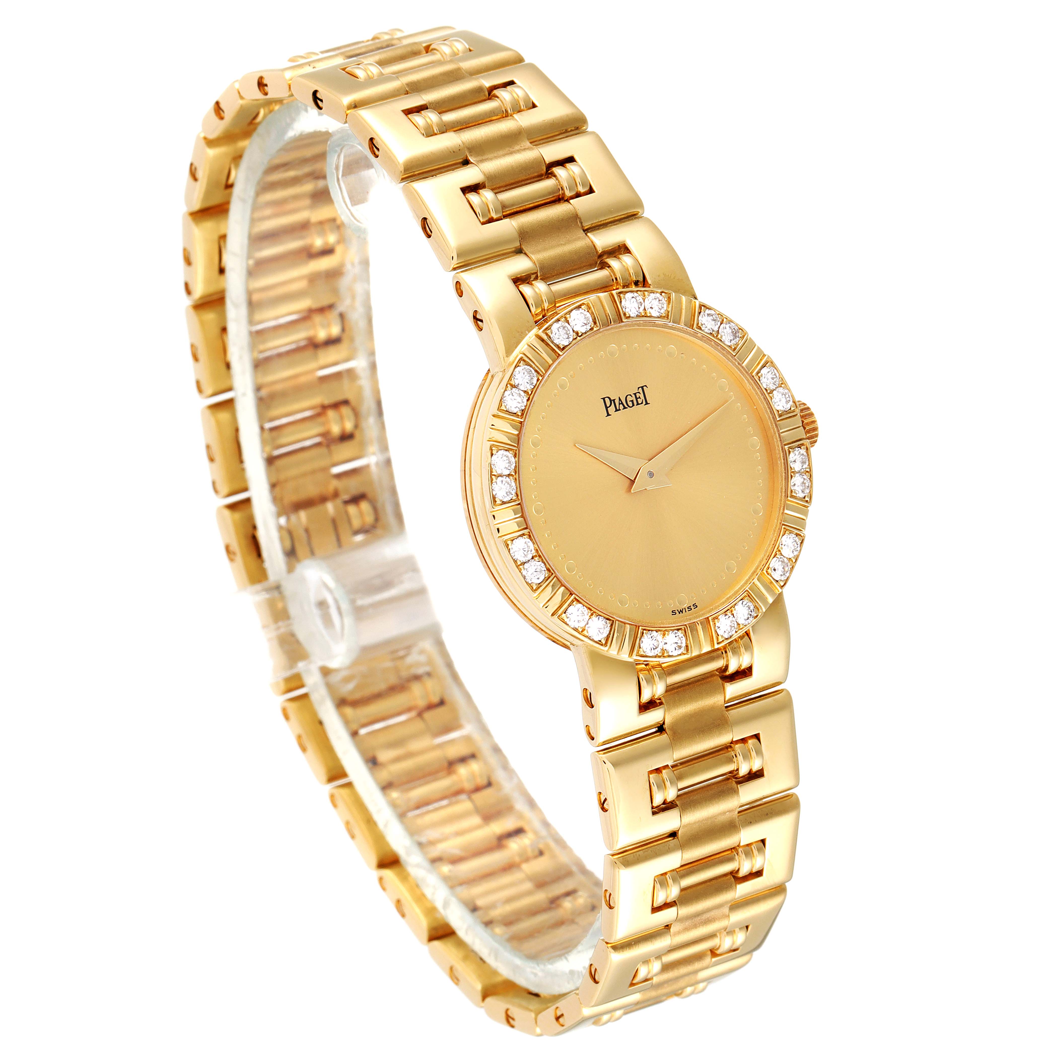 The Piaget 80564K81 Women's Yellow Gold Champagne Dial 80564K81 Women's Yellow Gold Champagne Dial Dancer Yellow Gold Champagne Dial Diamond Ladies Watch 80564 is shown at a three-quarter angle, displaying the bracelet and diamond-studded bezel.