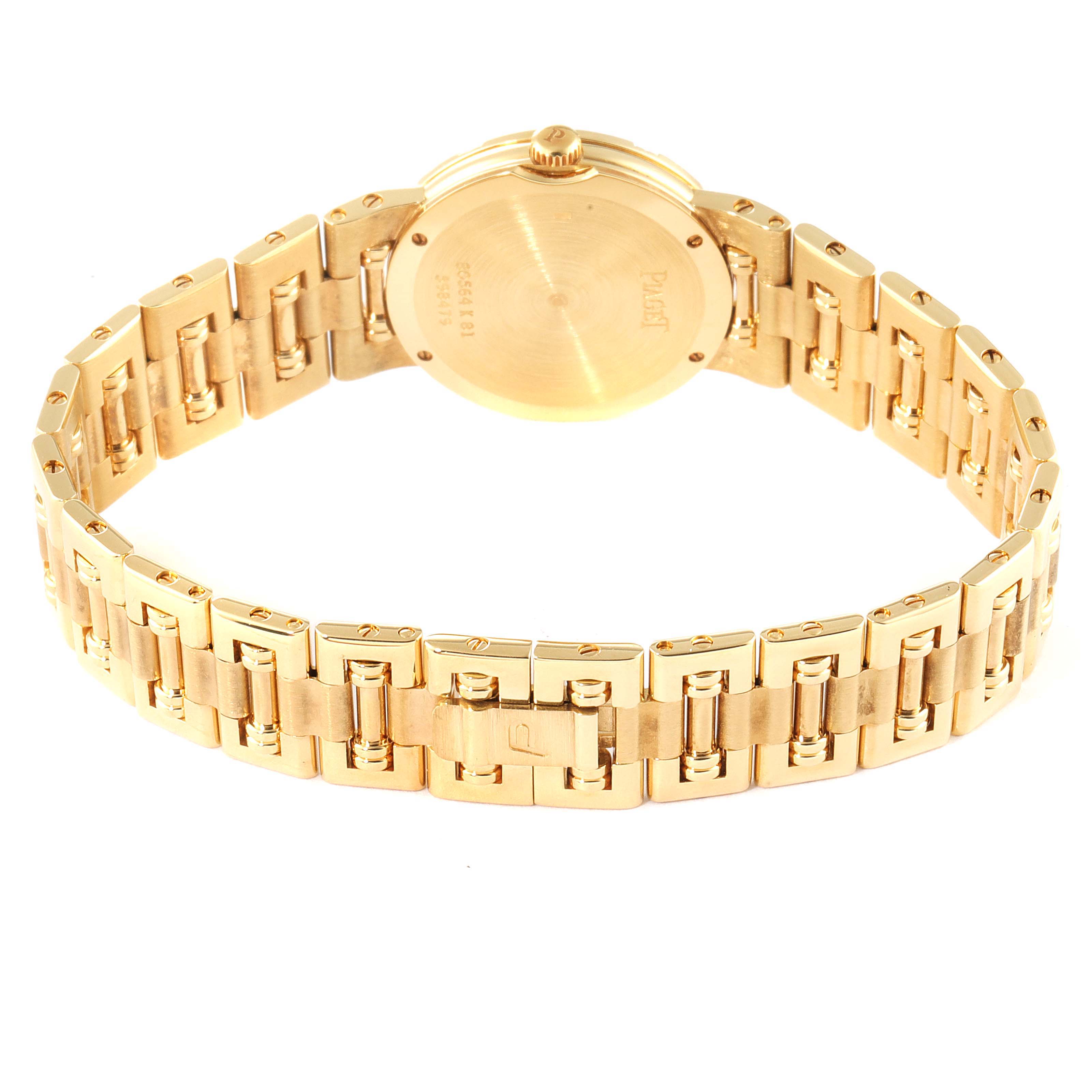 This image shows the back view of the Piaget 80564K81 Women's Yellow Gold Champagne Dial 80564K81 Women's Yellow Gold Champagne Dial Dancer Yellow Gold Champagne Dial Diamond Ladies Watch 80564 Papers, highlighting the bracelet and case back.
