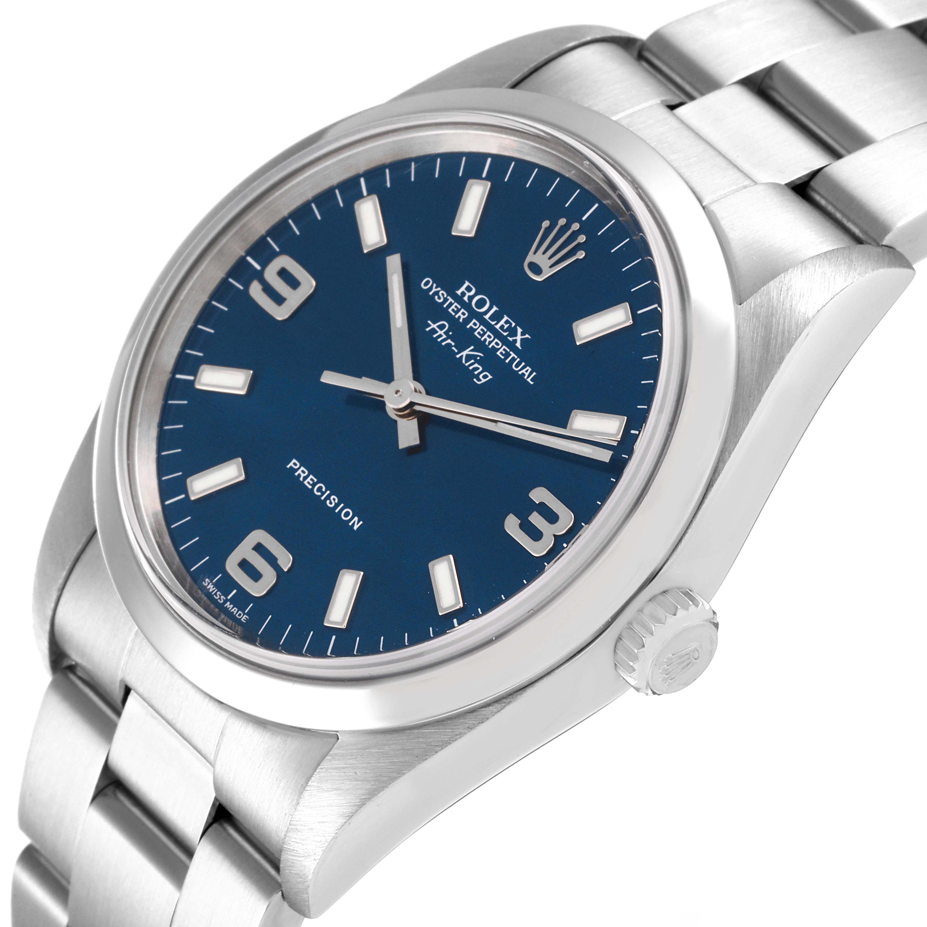 The image shows an angled view of the Rolex Air-King 14000M Men's Stainless Steel Blue Dial 14000M Men's Stainless Steel Blue Dial watch, highlighting the dial, case, and bracelet.