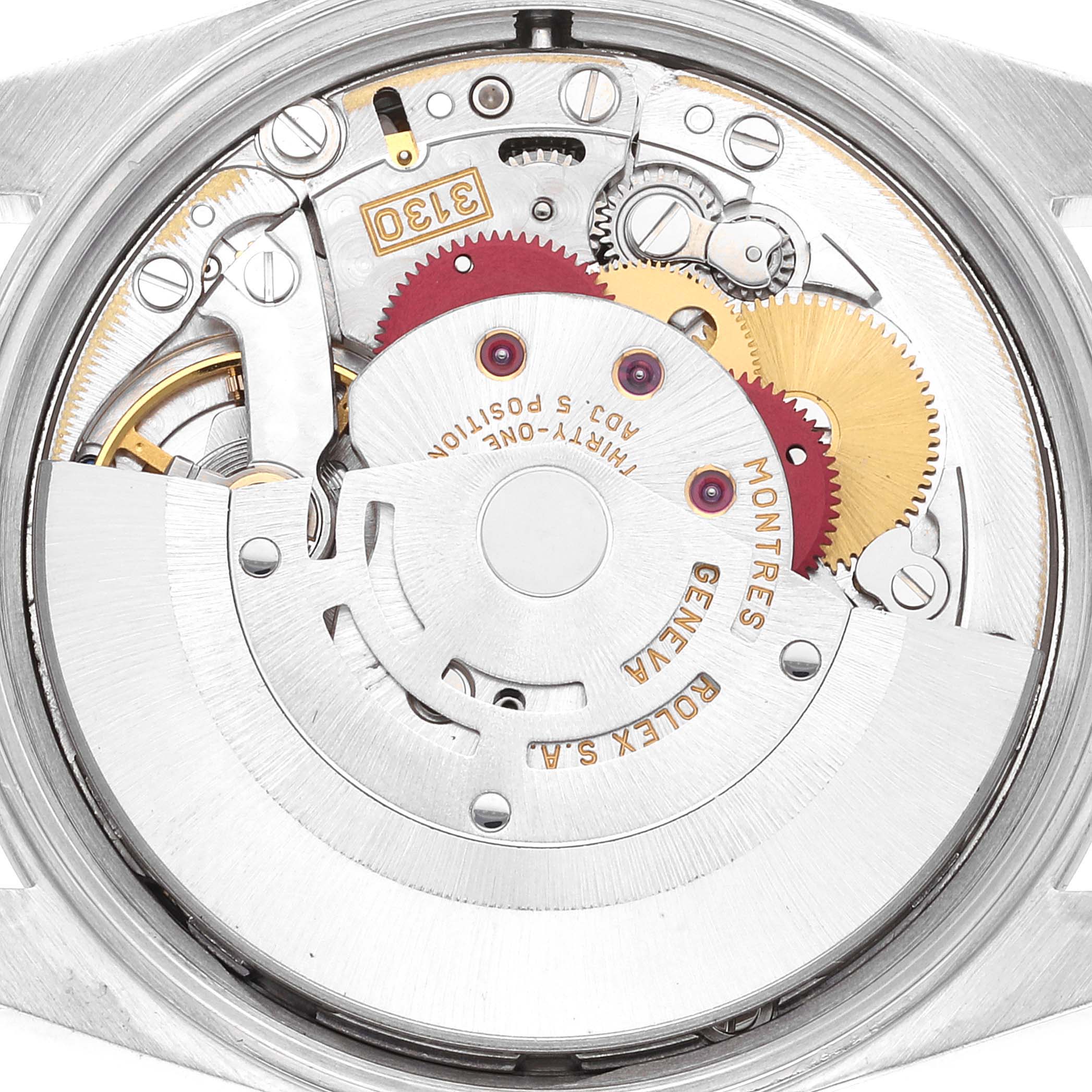 This image shows the inner mechanical movement of a Rolex Air-King 14000M Men's Stainless Steel Blue Dial 14000M Men's Stainless Steel Blue Dial watch from a top-down angle.