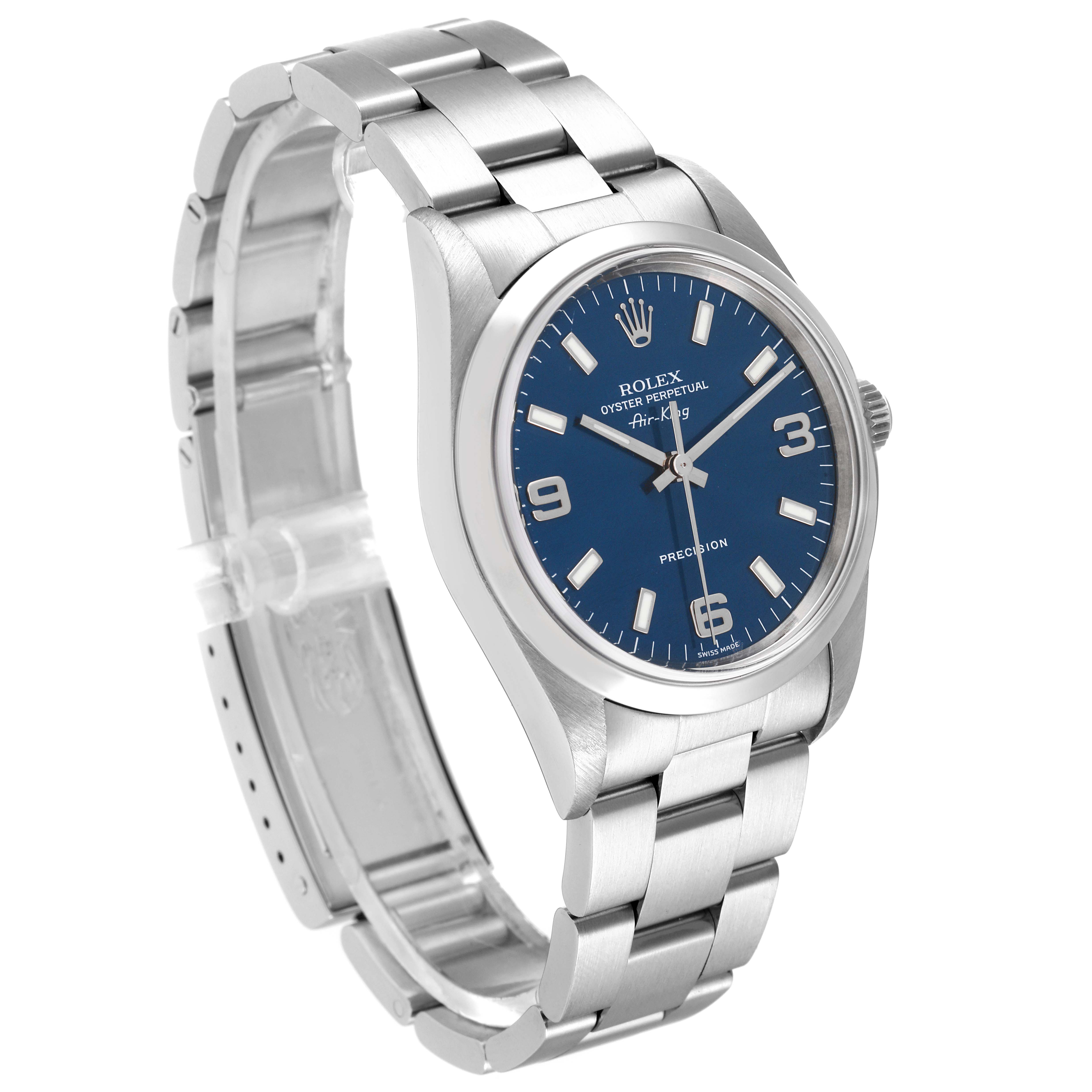 This Rolex Air-King 14000M Men's Stainless Steel Blue Dial 14000M Men's Stainless Steel Blue Dial watch is shown at an angle highlighting the face, bezel, crown, and metal bracelet.