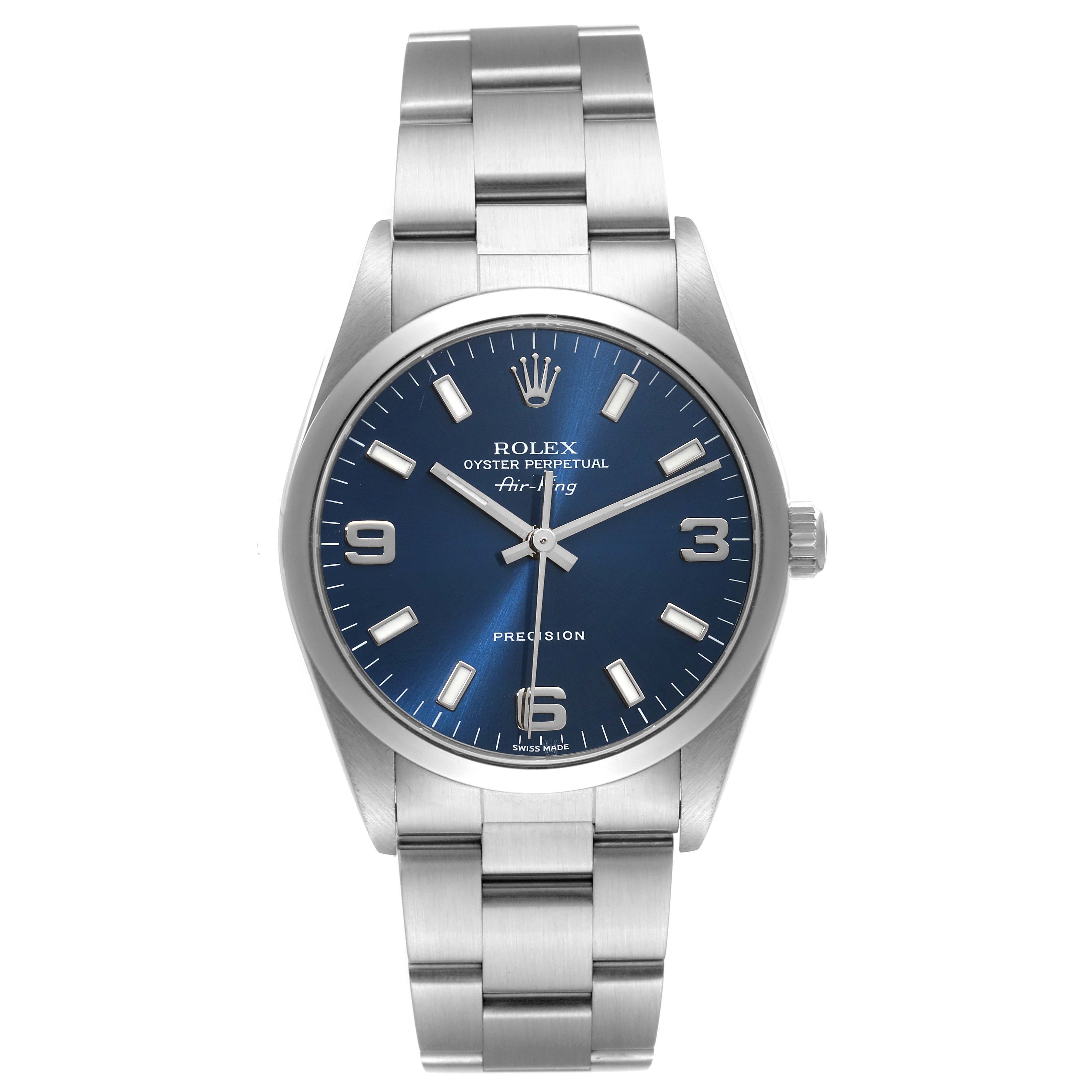 This image shows a front view of the Rolex Air-King 14000M Men's Stainless Steel Blue Dial 14000M Men's Stainless Steel Blue Dial watch, highlighting its blue dial, bracelet, and crown.