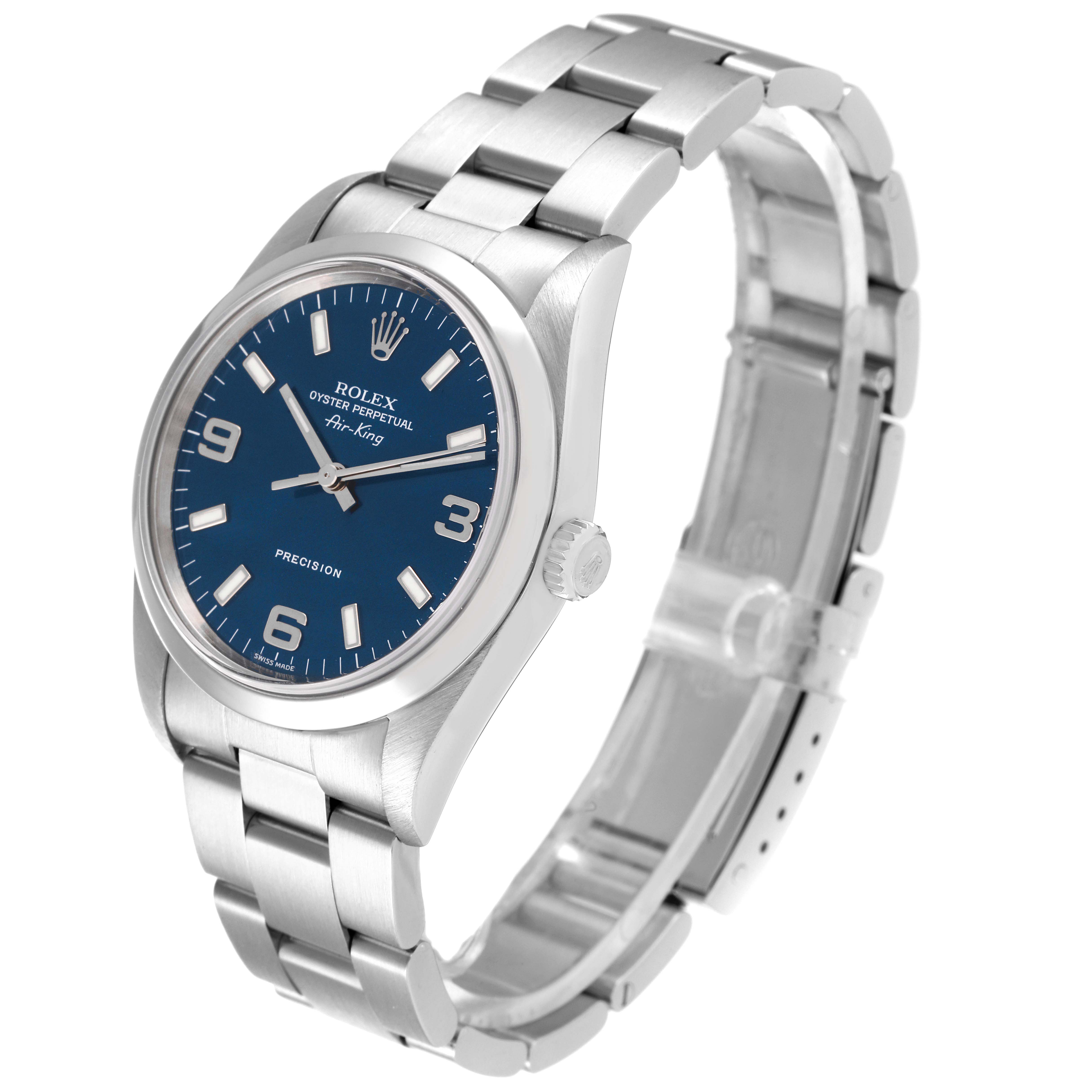 The Rolex Air-King 14000M Men's Stainless Steel Blue Dial 14000M Men's Stainless Steel Blue Dial is shown at a three-quarter front angle, displaying its blue dial, crown, and brushed metal bracelet.