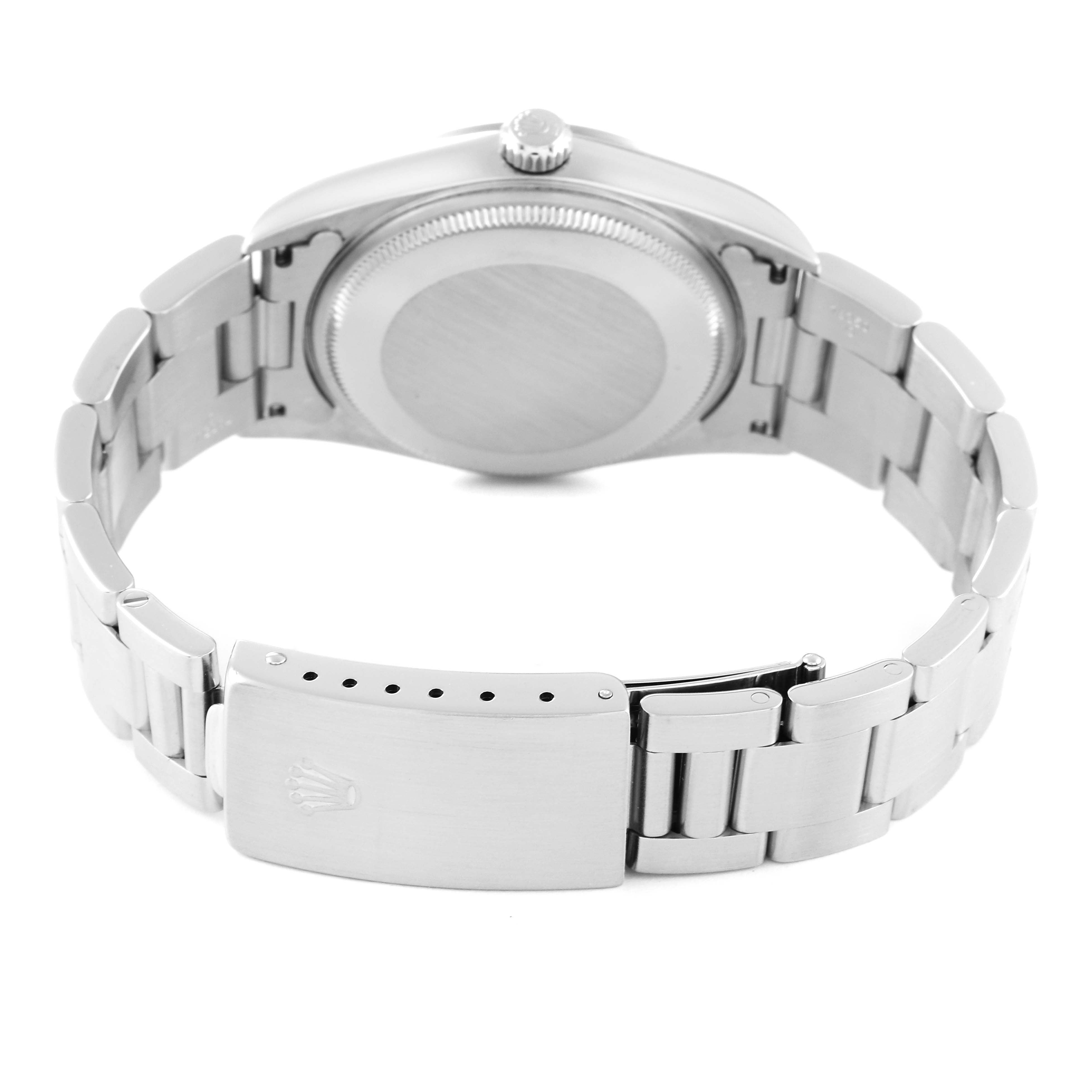 The image shows the back and clasp of a Rolex Air-King 14000M Men's Stainless Steel Blue Dial 14000M Men's Stainless Steel Blue Dial watch from a rear angle.