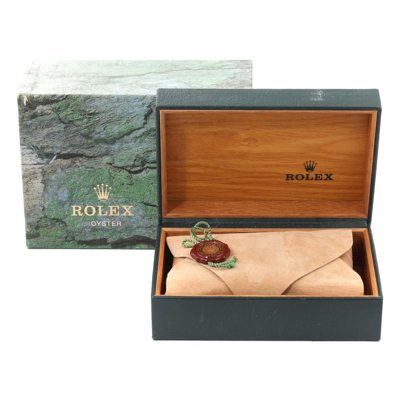 The image shows a Rolex Air-King 14000M Men's Stainless Steel Blue Dial 14000M Men's Stainless Steel Blue Dial watch box and packaging, including the outer box, inner wooden box, and a wrapped watch with a Rolex seal.