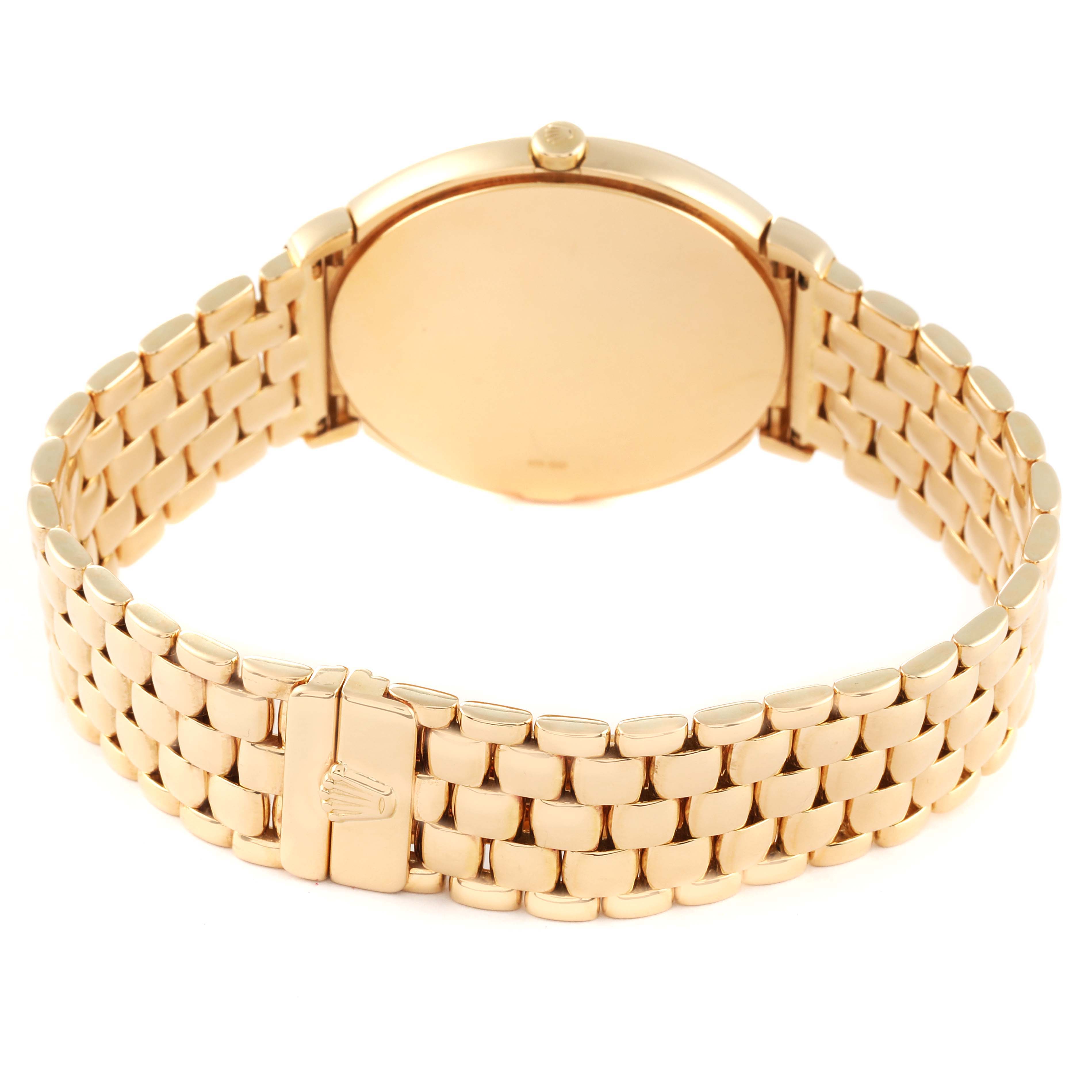 The image shows the back view of the Rolex Cellini 6623 Men
s Yellow Gold Champagne Dial 6623 Men
s Yellow Gold Champagne Dial watch, highlighting the case back, crown, and bracelet with clasp.