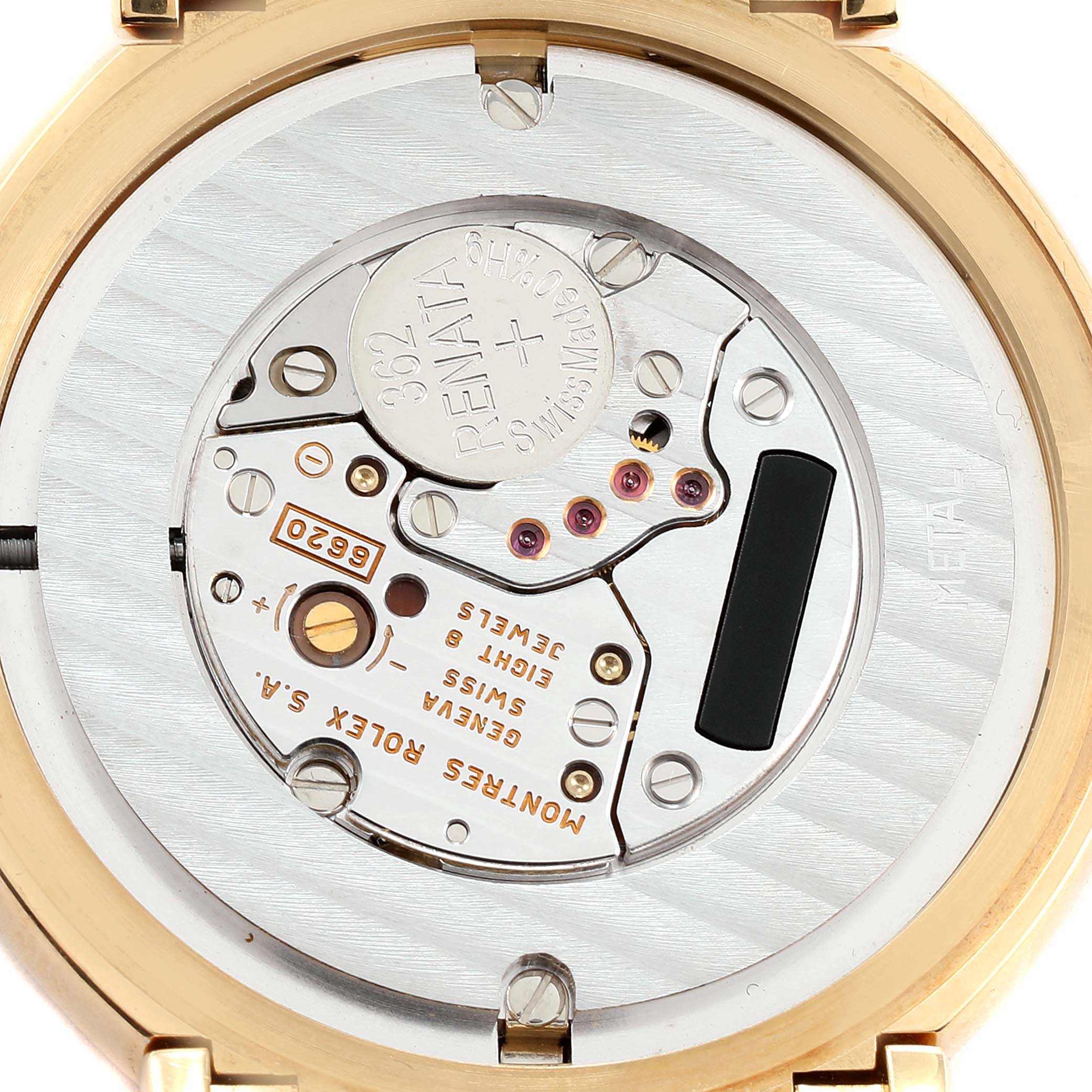 The image shows the movement of a Rolex Cellini 6623 Men
s Yellow Gold Champagne Dial 6623 Men
s Yellow Gold Champagne Dial watch from a back view, highlighting the inner mechanical components.