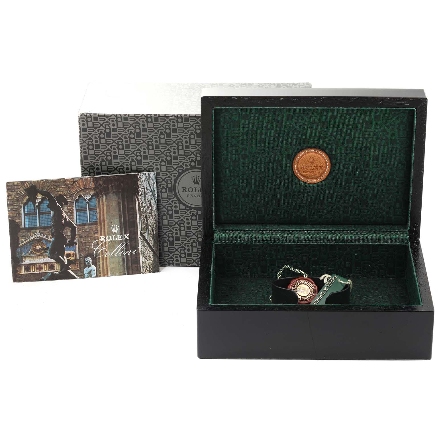 The image shows a Rolex Cellini 6623 Men
s Yellow Gold Champagne Dial 6623 Men
s Yellow Gold Champagne Dial watch in an open box with a booklet and outer packaging included.