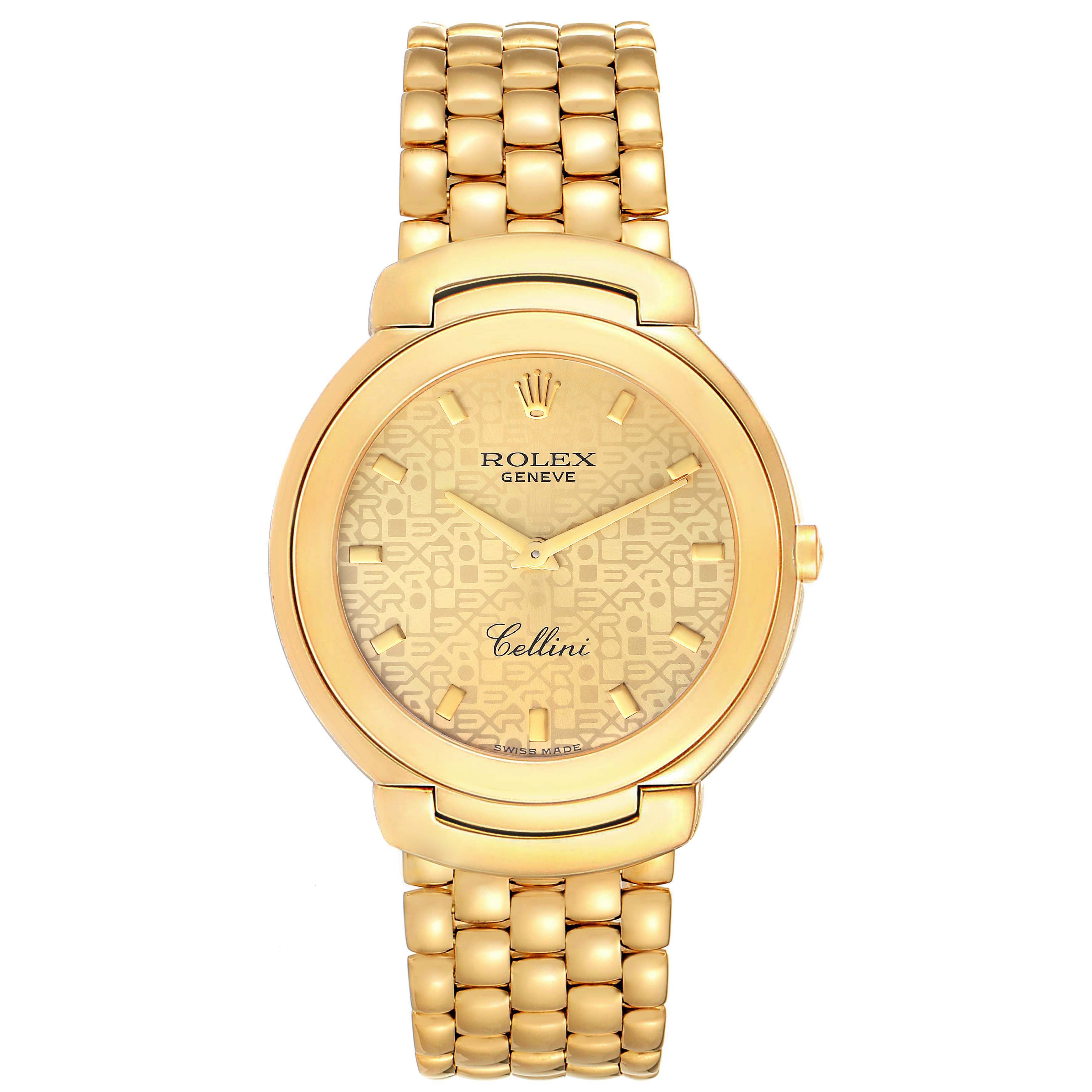 This image shows a front view of a Rolex Cellini 6623 Men
s Yellow Gold Champagne Dial 6623 Men
s Yellow Gold Champagne Dial watch, highlighting its golden dial, bezel, and bracelet.