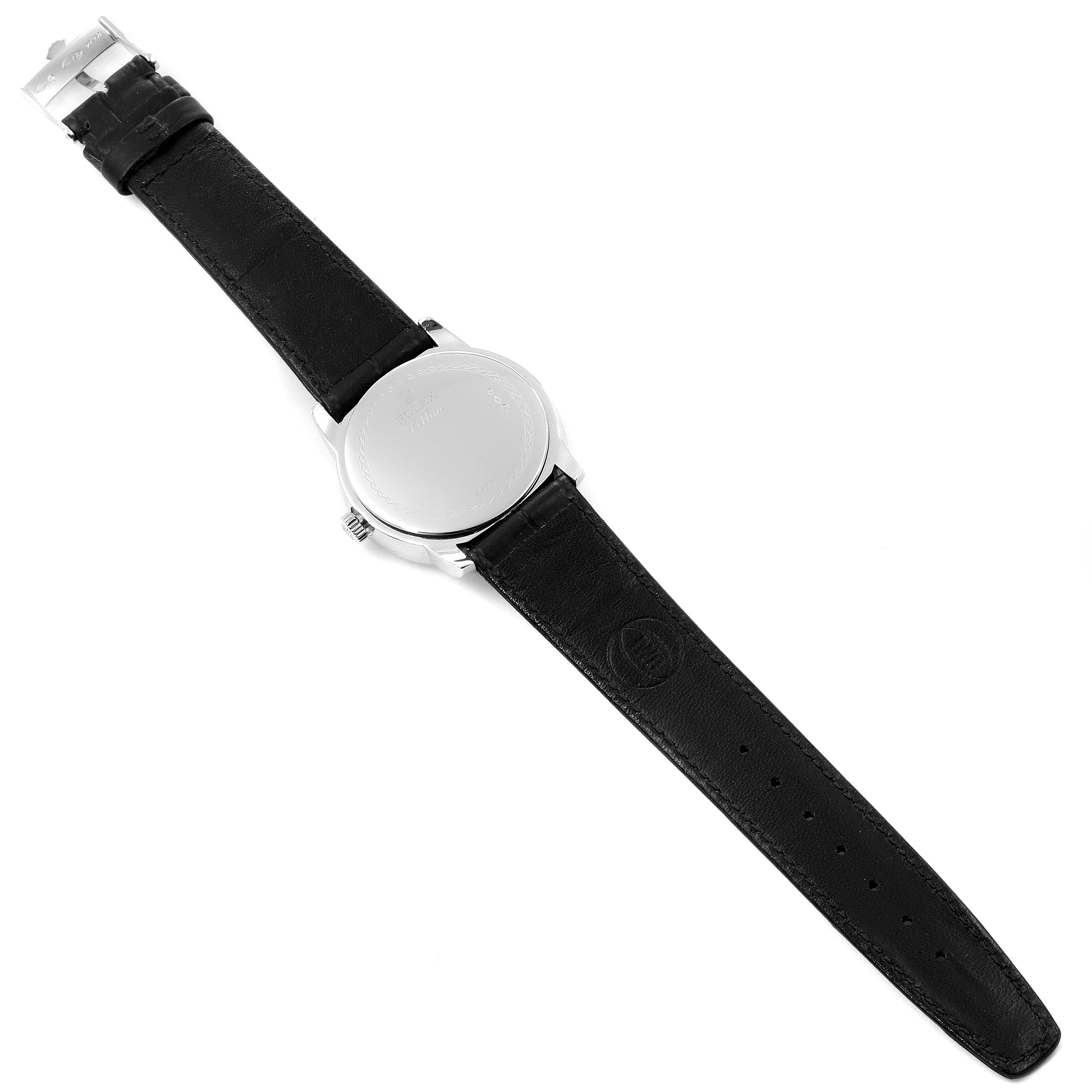 The image shows a Rolex Cellini 5240 Men's Platinum Mother of Pearl Dial 5240 Men's Platinum Mother of Pearl Dial watch from a back view, highlighting its black leather strap and stainless steel case back.