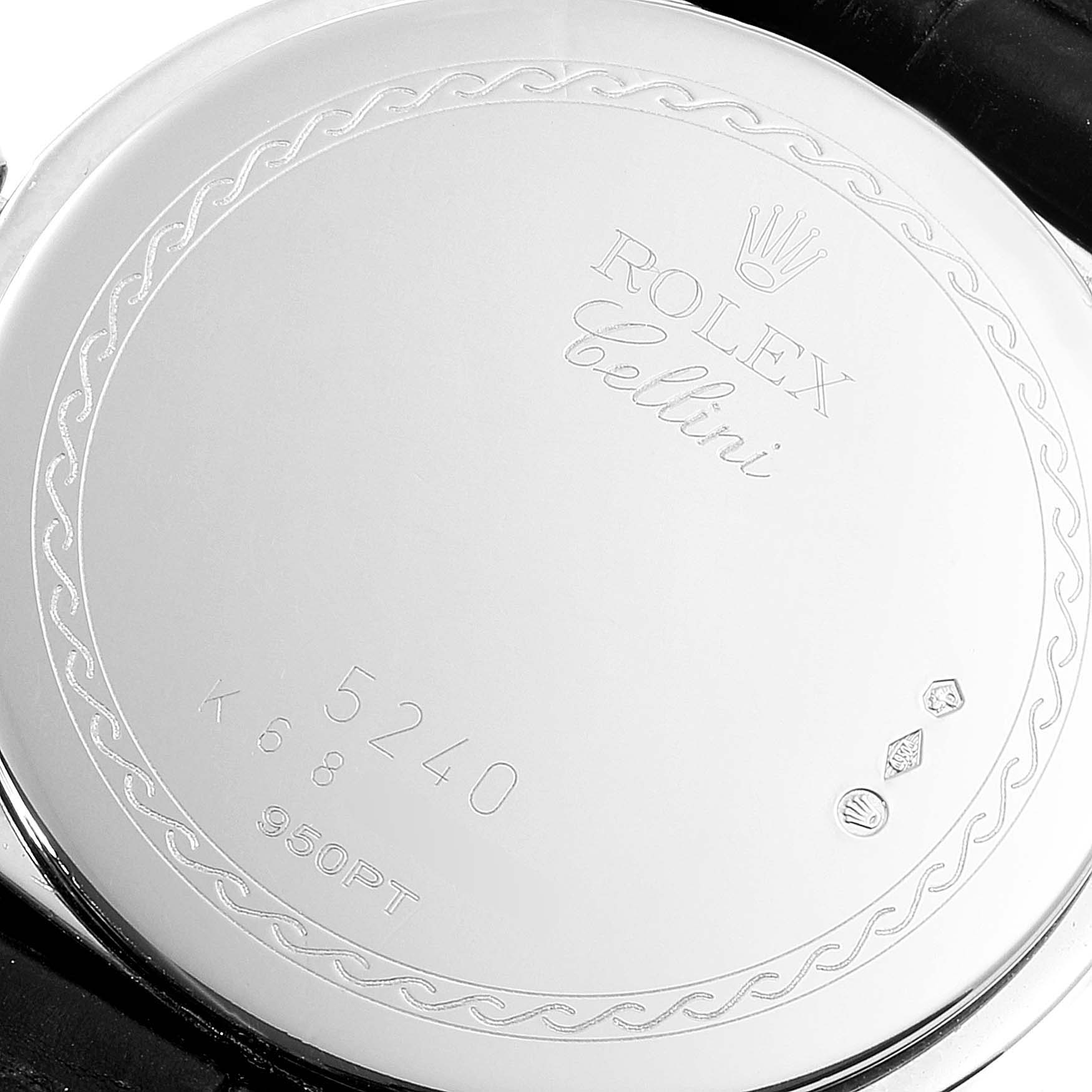 The image shows the back casing of a Rolex Cellini 5240 Men's Platinum Mother of Pearl Dial 5240 Men's Platinum Mother of Pearl Dial model watch, featuring engravings and brand markings.