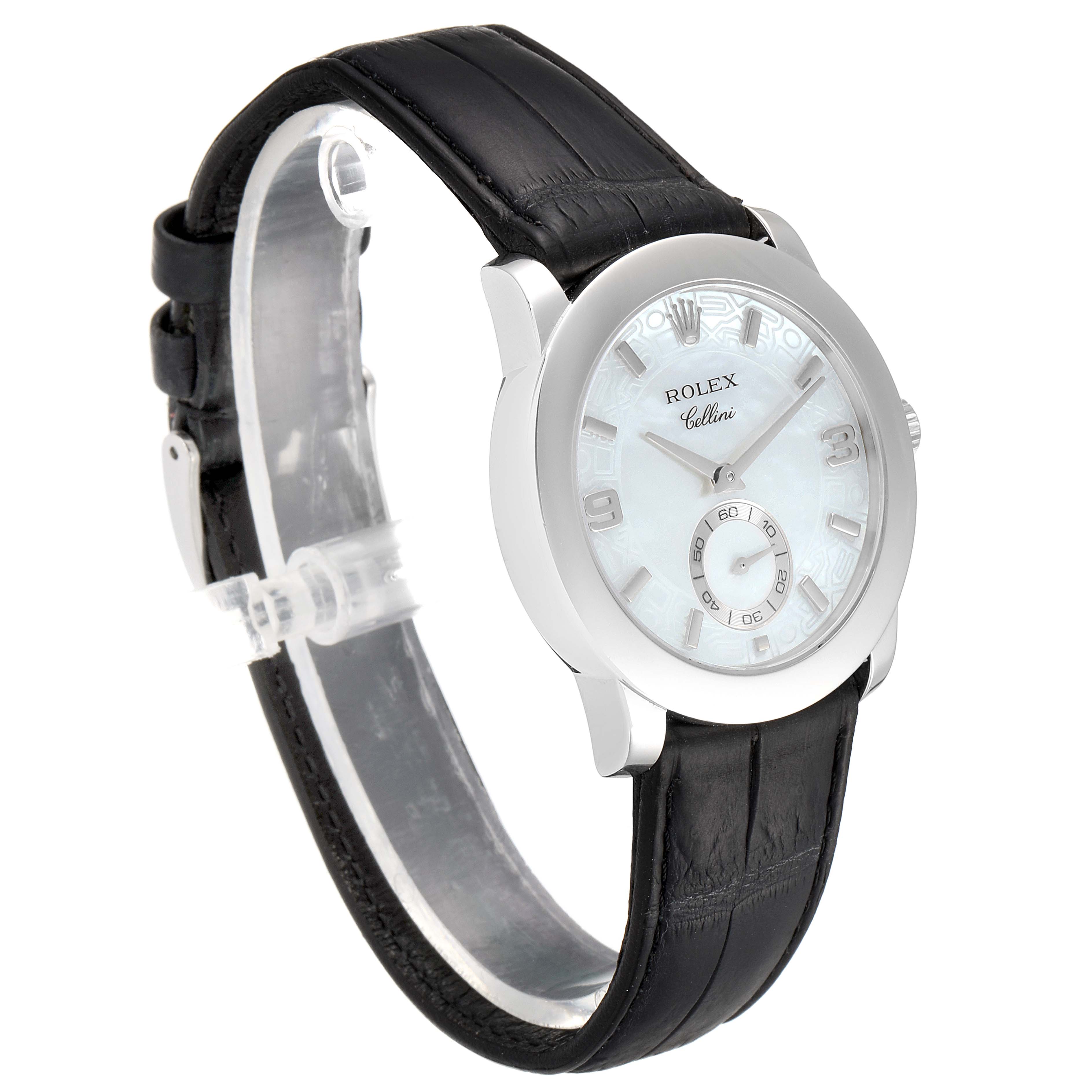 The image shows a Rolex Cellini 5240 Men's Platinum Mother of Pearl Dial 5240 Men's Platinum Mother of Pearl Dial watch from a three-quarter angle, highlighting its white dial, silver case, and black leather strap.