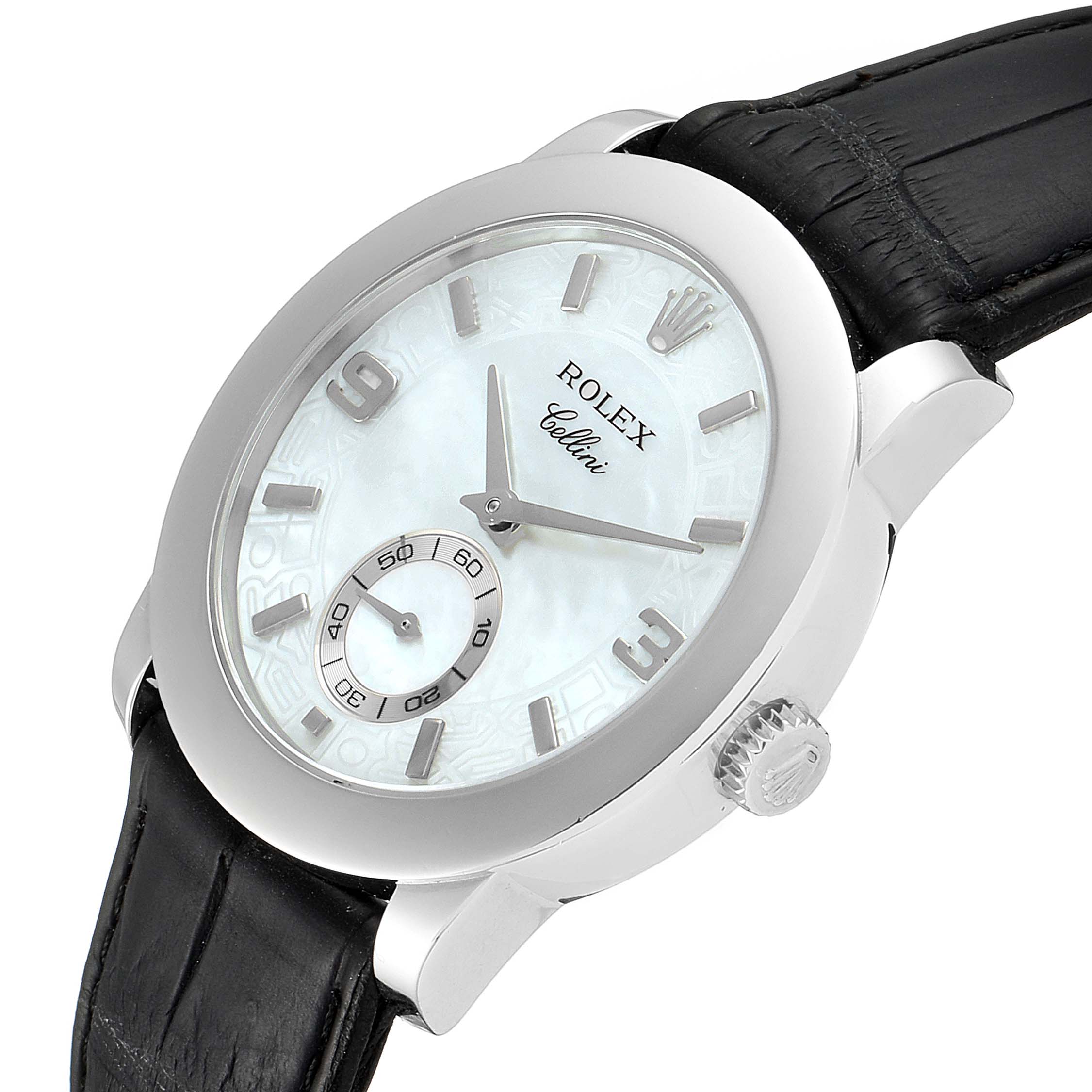The Rolex Cellini 5240 Men's Platinum Mother of Pearl Dial 5240 Men's Platinum Mother of Pearl Dial watch is shown at a slight angle displaying the dial, bezel, crown, and leather strap.