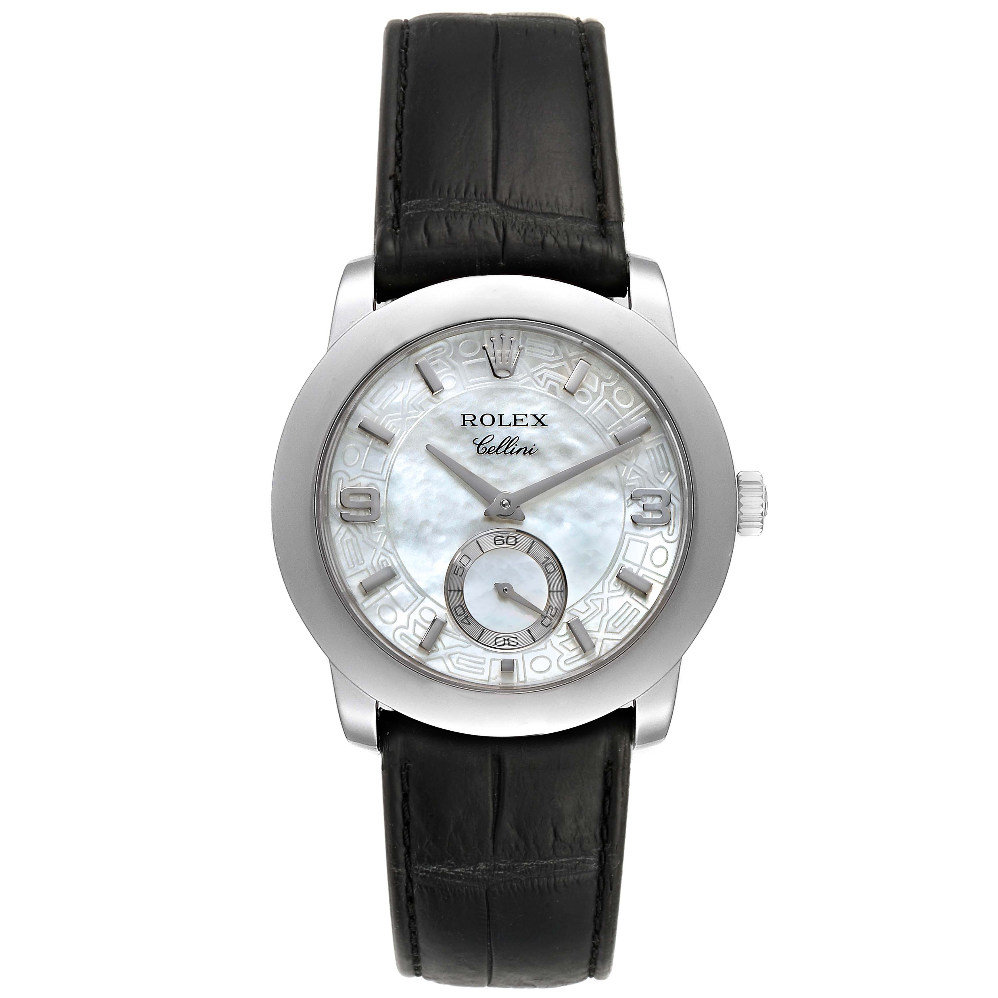 The Rolex Cellini 5240 Men's Platinum Mother of Pearl Dial 5240 Men's Platinum Mother of Pearl Dial watch is shown in a front-facing angle, displaying the dial, bezel, and leather strap.