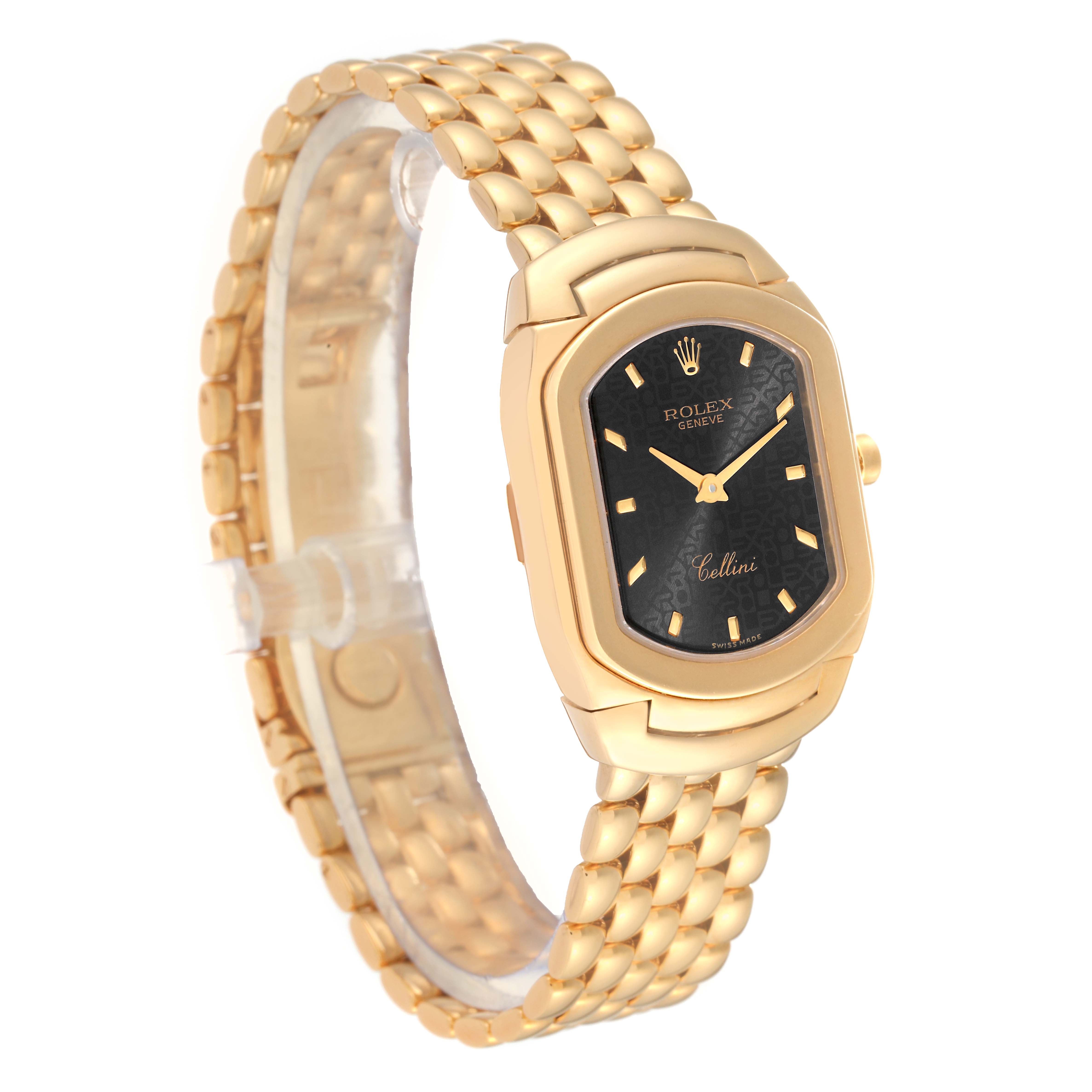 This image shows a Rolex Cellini 6631 Women's Yellow Gold Black Dial 6631 Women's Yellow Gold Black Dial watch at a 3/4 angle, highlighting the gold case, black dial, and gold bracelet.