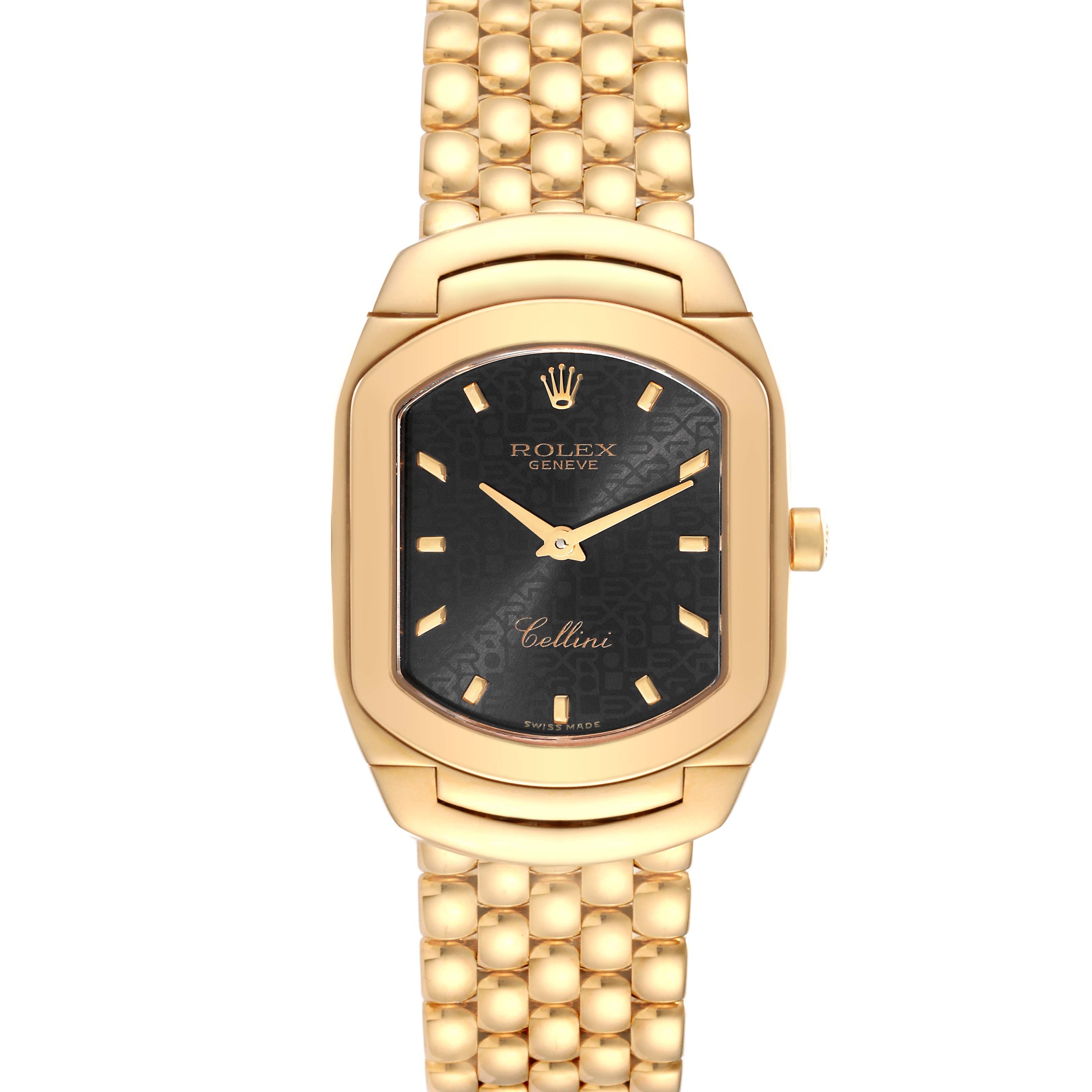 This image shows a front view of a Rolex Cellini 6631 Women's Yellow Gold Black Dial 6631 Women's Yellow Gold Black Dial watch featuring a black dial and gold bracelet.